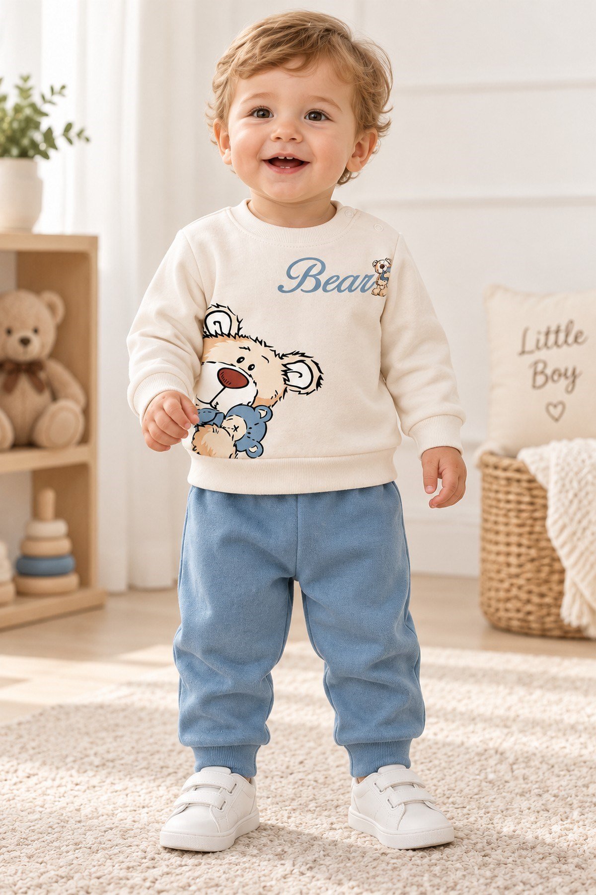 Erkek Bebek Teddy Bear Oyuncak Ayı Ön-Arka Baskılı 2'li Eşofman Takımı – Mevsimlik 2iplik Alt Üst Takım 3-6-9-12aylık