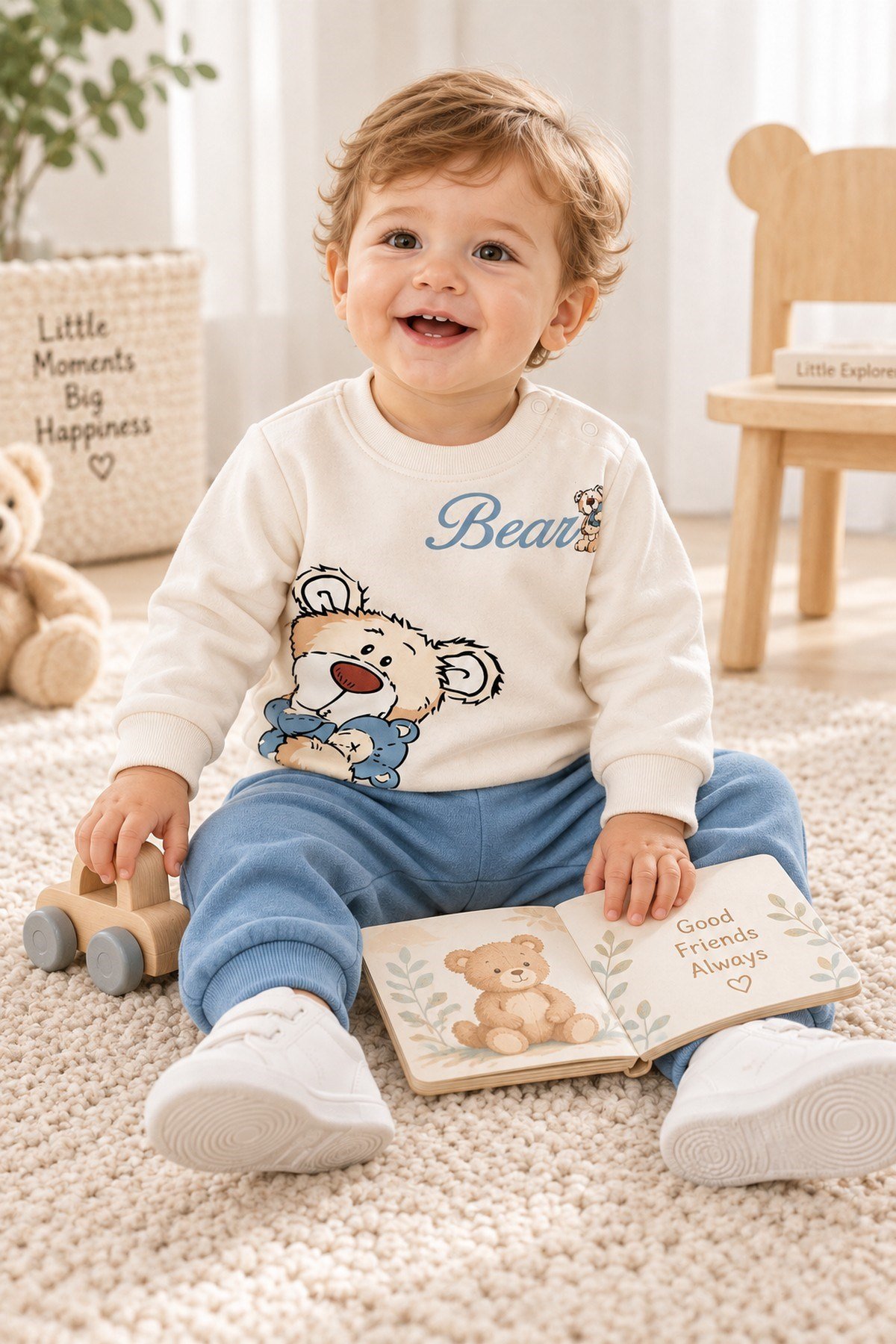 Erkek Bebek Teddy Bear Oyuncak Ayı Ön-Arka Baskılı 2'li Eşofman Takımı – Mevsimlik 2iplik Alt Üst Takım 3-6-9-12aylık