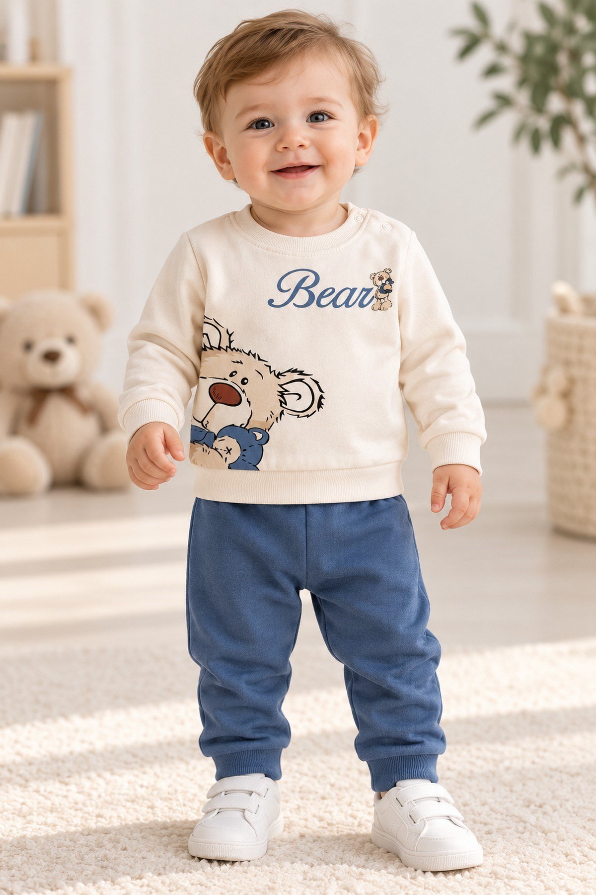 Erkek Bebek Teddy Bear Oyuncak Ayı Ön-Arka Baskılı 2'li Eşofman Takımı – Mevsimlik 2iplik Alt Üst Takım 3-6-9-12aylık