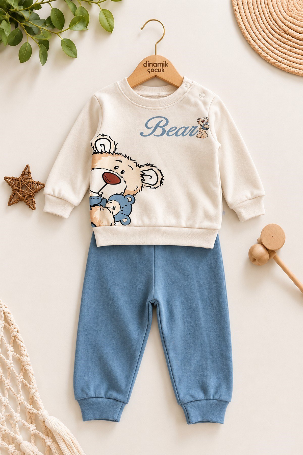 Erkek Bebek Teddy Bear Oyuncak Ayı Ön-Arka Baskılı 2'li Eşofman Takımı – Mevsimlik 2iplik Alt Üst Takım 3-6-9-12aylık