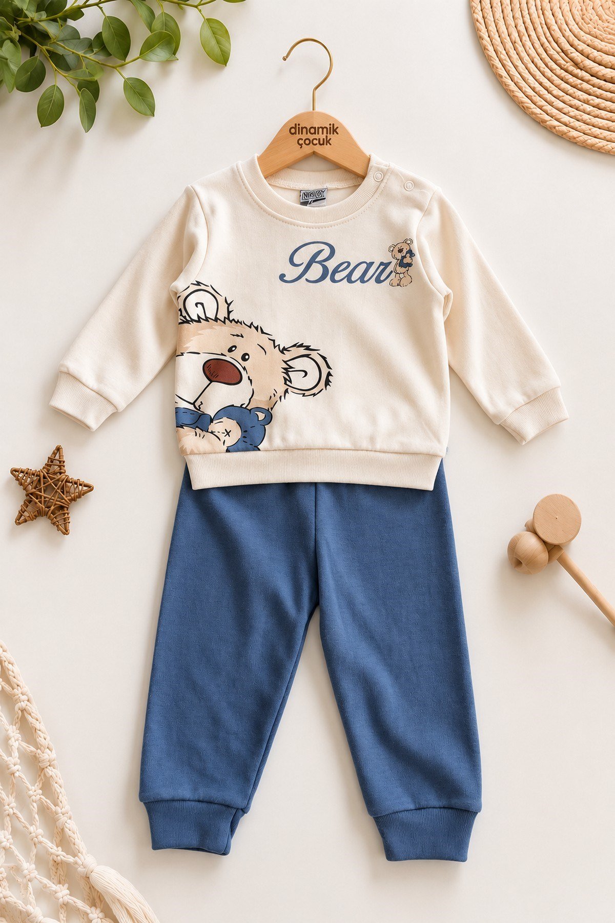 Erkek Bebek Teddy Bear Oyuncak Ayı Ön-Arka Baskılı 2'li Eşofman Takımı – Mevsimlik 2iplik Alt Üst Takım 3-6-9-12aylık