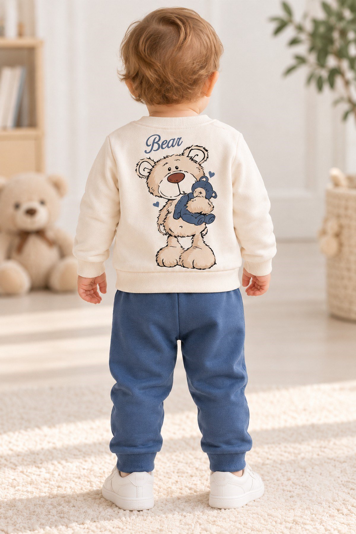 Erkek Bebek Teddy Bear Oyuncak Ayı Ön-Arka Baskılı 2'li Eşofman Takımı – Mevsimlik 2iplik Alt Üst Takım 3-6-9-12aylık