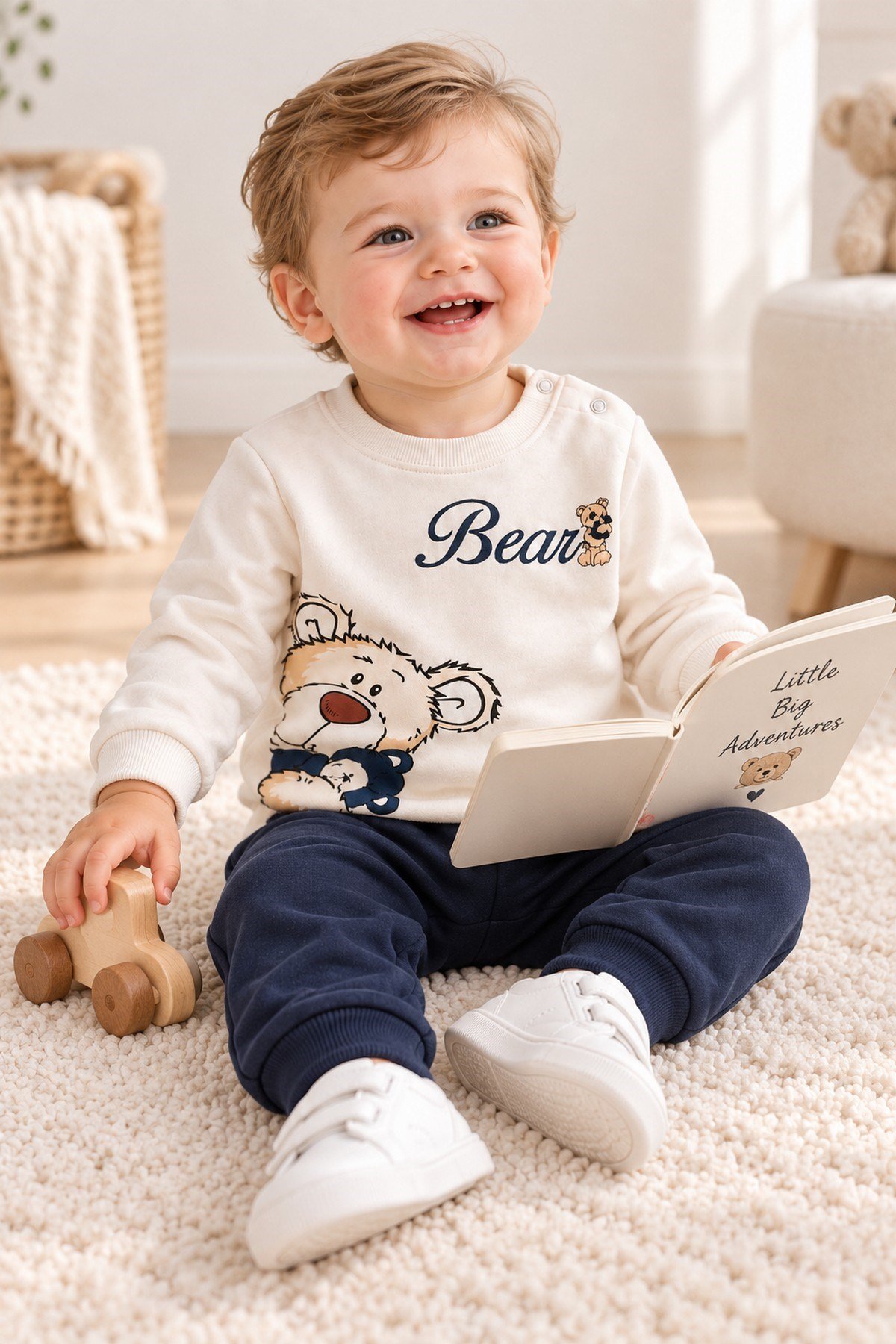Erkek Bebek Teddy Bear Oyuncak Ayı Ön-Arka Baskılı 2'li Eşofman Takımı – Mevsimlik 2iplik Alt Üst Takım 3-6-9-12aylık