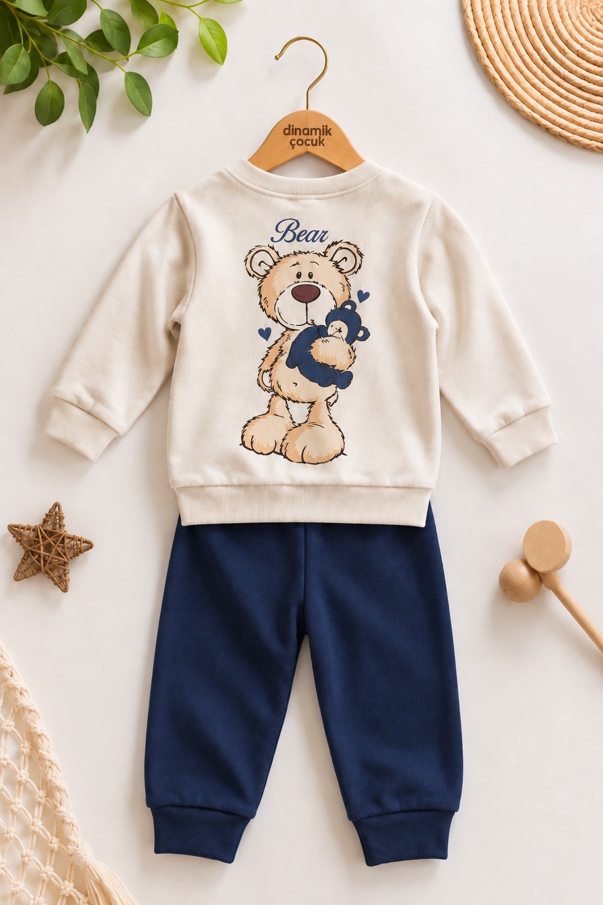 Erkek Bebek Teddy Bear Oyuncak Ayı Ön-Arka Baskılı 2'li Eşofman Takımı – Mevsimlik 2iplik Alt Üst Takım 3-6-9-12aylık