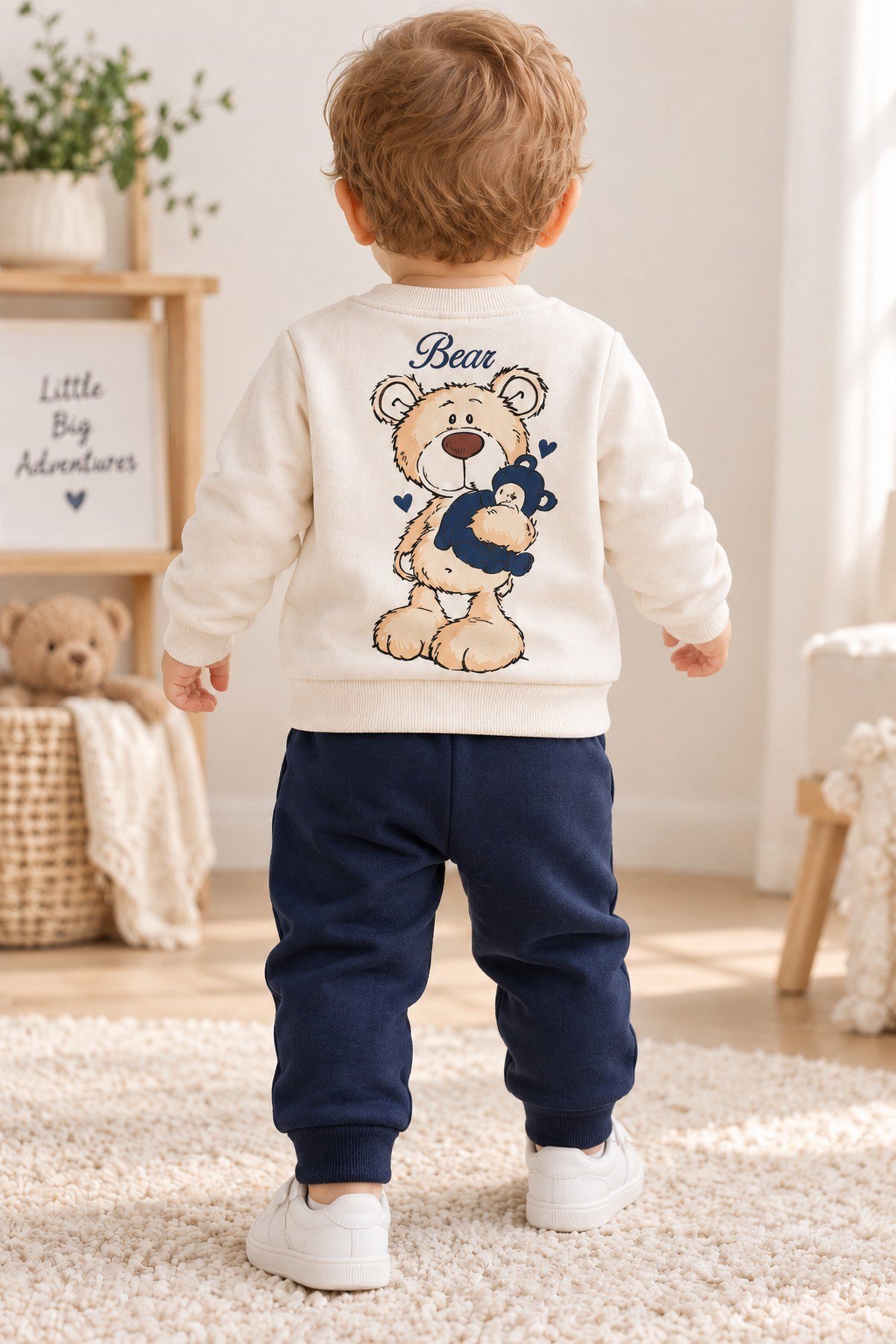 Erkek Bebek Teddy Bear Oyuncak Ayı Ön-Arka Baskılı 2'li Eşofman Takımı – Mevsimlik 2iplik Alt Üst Takım 3-6-9-12aylık