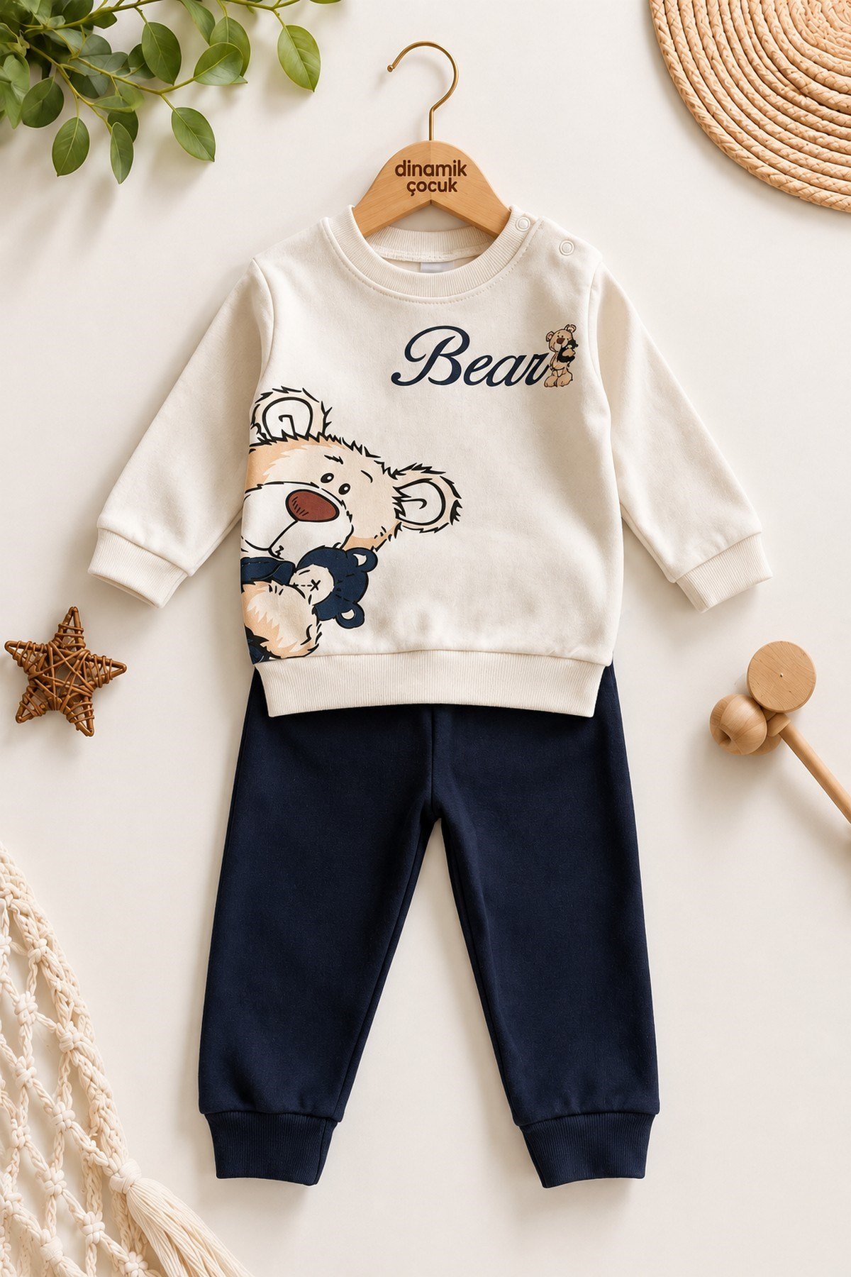 Erkek Bebek Teddy Bear Oyuncak Ayı Ön-Arka Baskılı 2'li Eşofman Takımı – Mevsimlik 2iplik Alt Üst Takım 3-6-9-12aylık