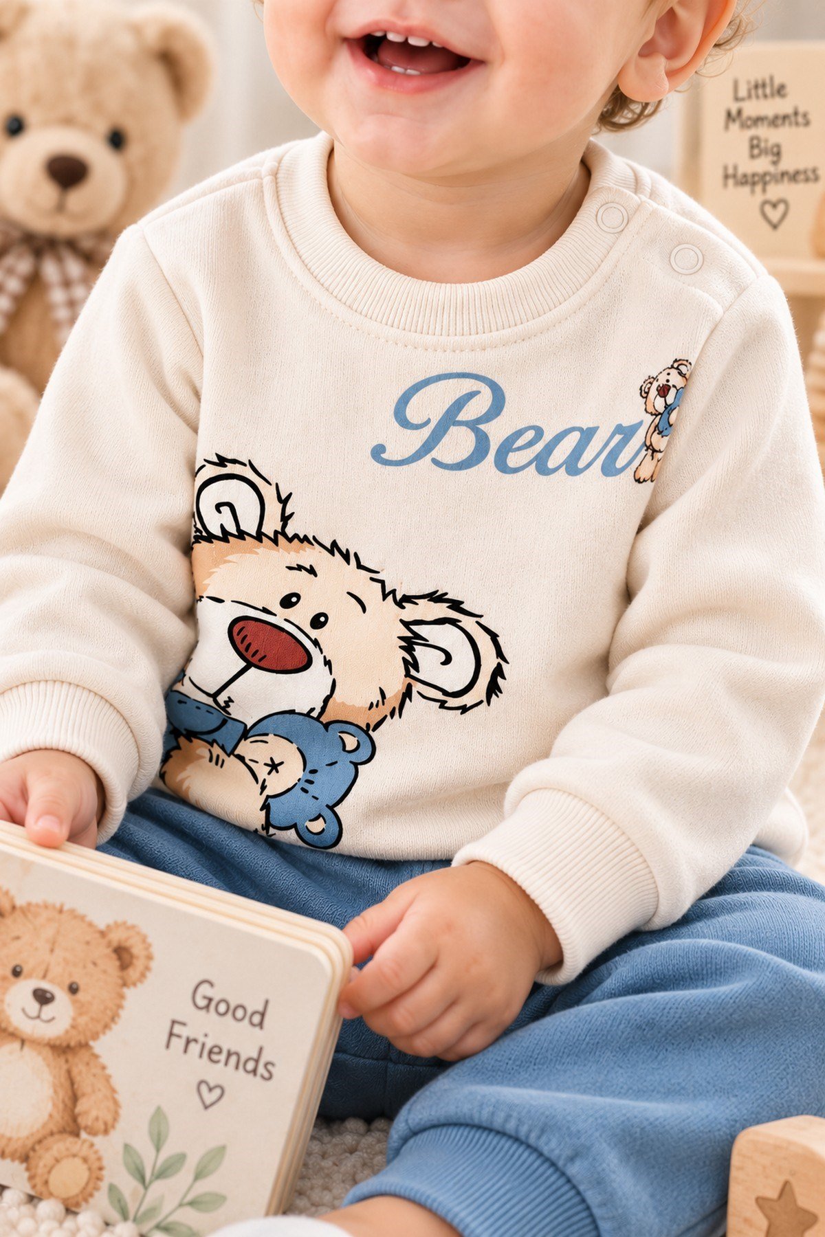 Erkek Bebek Teddy Bear Oyuncak Ayı Ön-Arka Baskılı 2'li Eşofman Takımı – Mevsimlik 2iplik Alt Üst Takım 3-6-9-12aylık