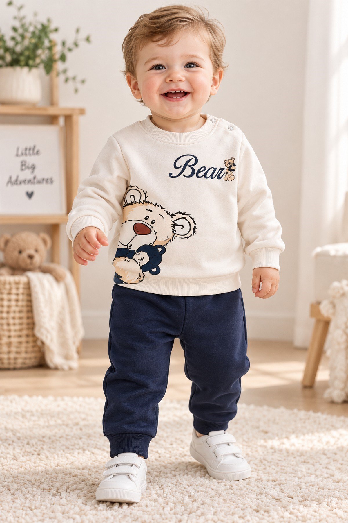 Erkek Bebek Teddy Bear Oyuncak Ayı Ön-Arka Baskılı 2'li Eşofman Takımı – Mevsimlik 2iplik Alt Üst Takım 3-6-9-12aylık