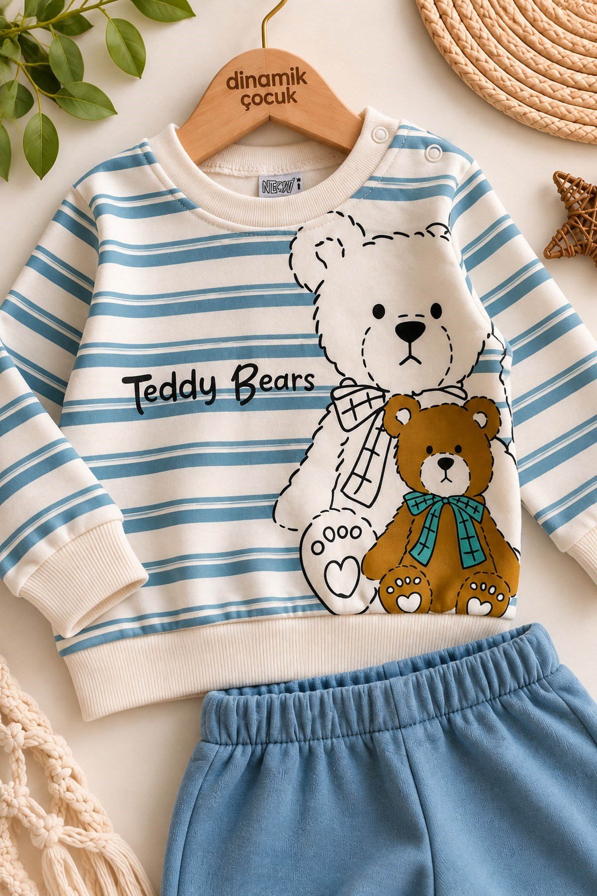 Erkek Bebek Teddy Bears Ayıcık Baskılı Çizgili Sweatshirt ve Alt 2'li Eşofman Takımı 3-6-9-12ay