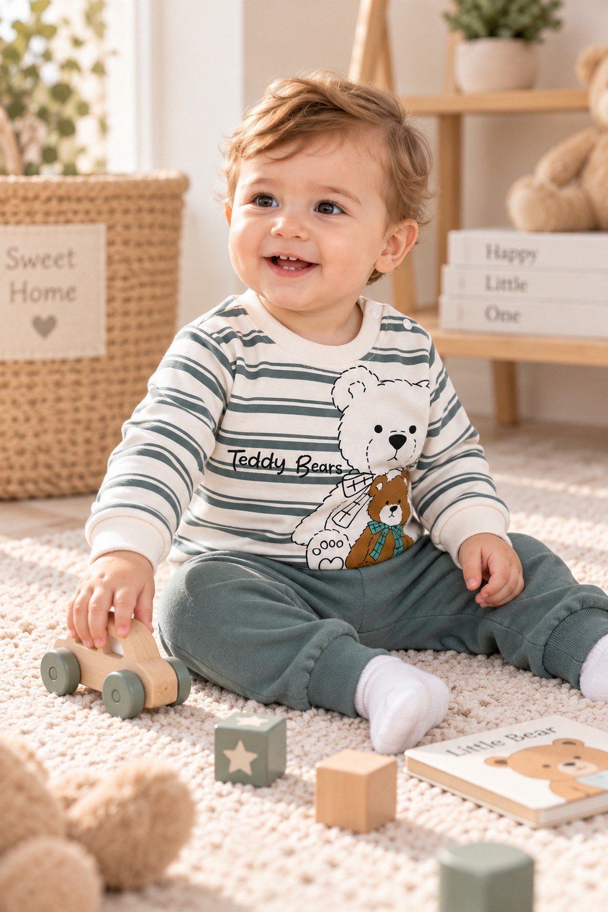 Erkek Bebek Teddy Bears Ayıcık Baskılı Çizgili Sweatshirt ve Alt 2'li Eşofman Takımı 3-6-9-12ay