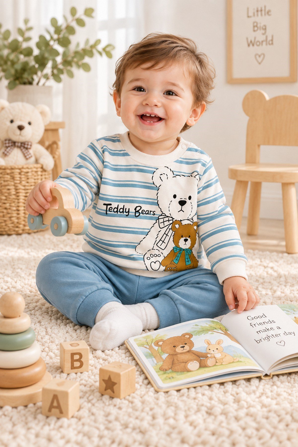 Erkek Bebek Teddy Bears Ayıcık Baskılı Çizgili Sweatshirt ve Alt 2'li Eşofman Takımı 3-6-9-12ay