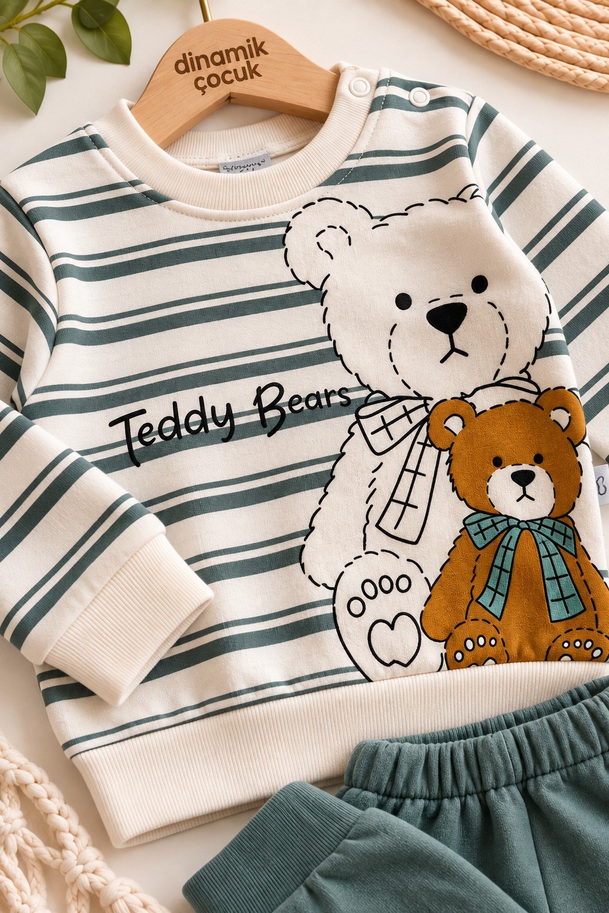 Erkek Bebek Teddy Bears Ayıcık Baskılı Çizgili Sweatshirt ve Alt 2'li Eşofman Takımı 3-6-9-12ay