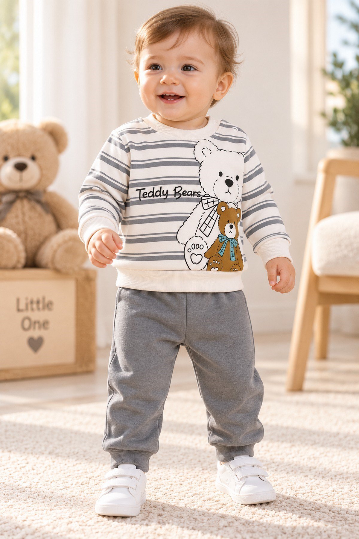 Erkek Bebek Teddy Bears Ayıcık Baskılı Çizgili Sweatshirt ve Alt 2'li Eşofman Takımı 3-6-9-12ay
