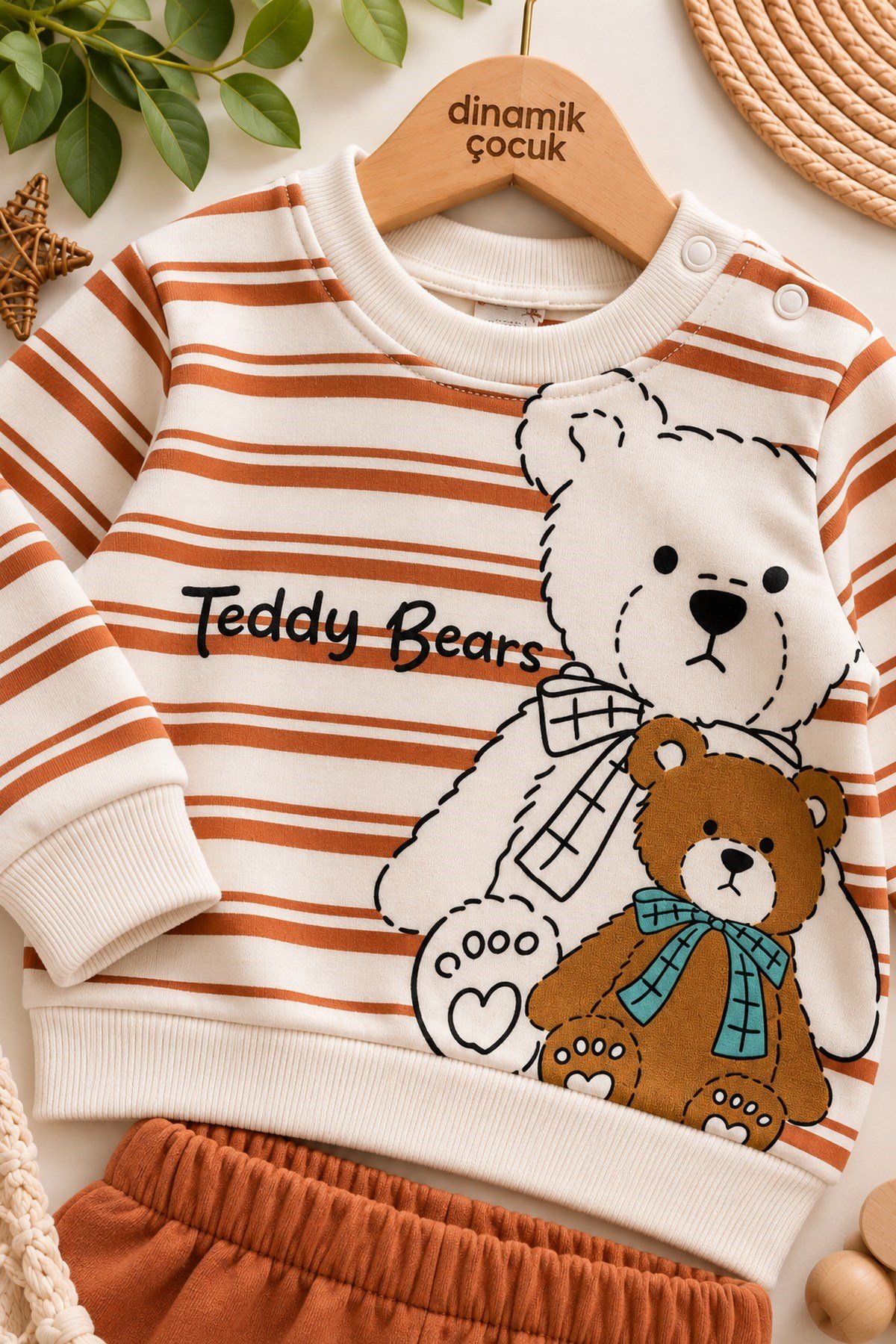 Erkek Bebek Teddy Bears Ayıcık Baskılı Çizgili Sweatshirt ve Alt 2'li Eşofman Takımı 3-6-9-12ay