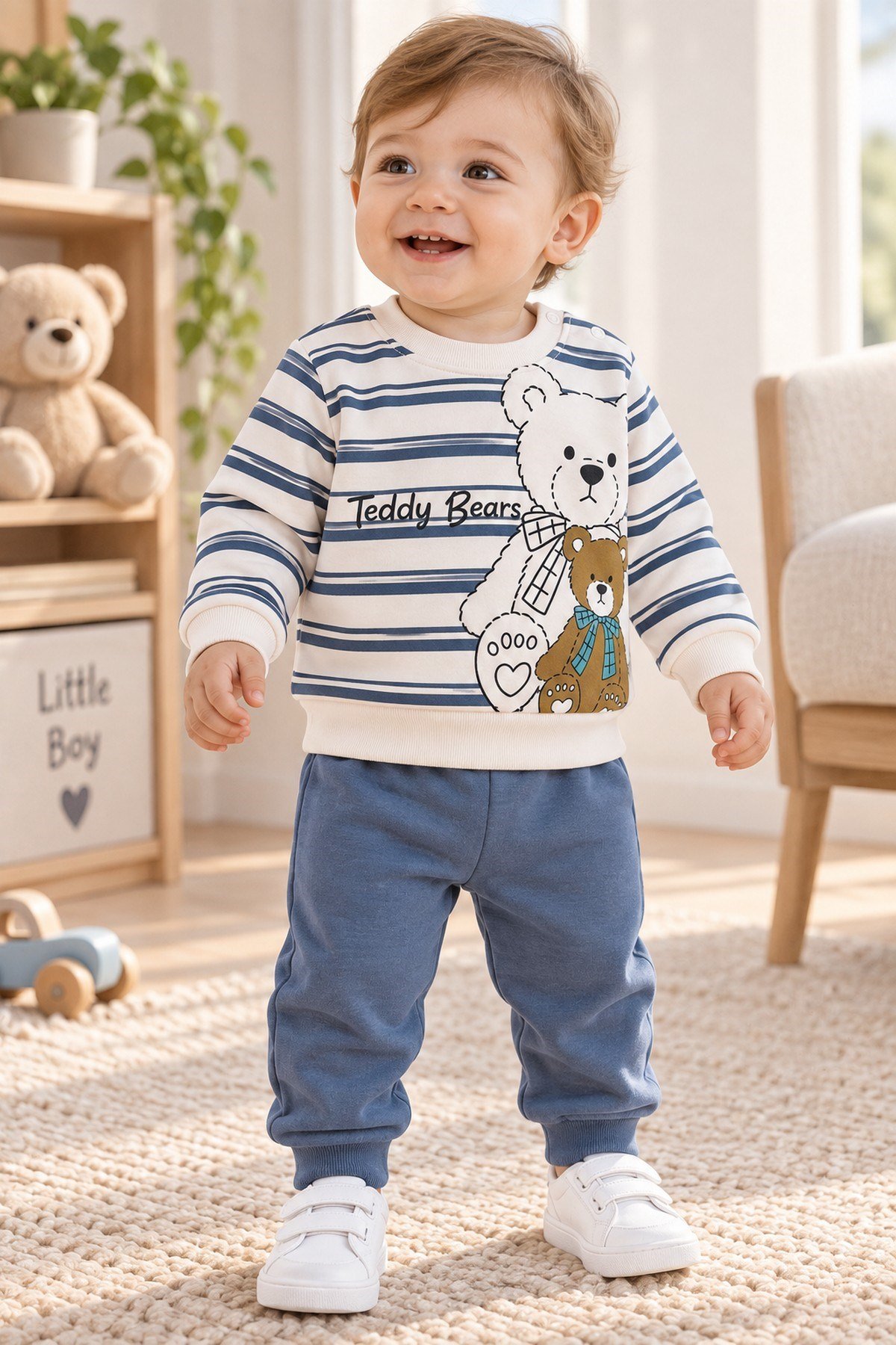 Erkek Bebek Teddy Bears Ayıcık Baskılı Çizgili Sweatshirt ve Alt 2'li Eşofman Takımı 3-6-9-12ay