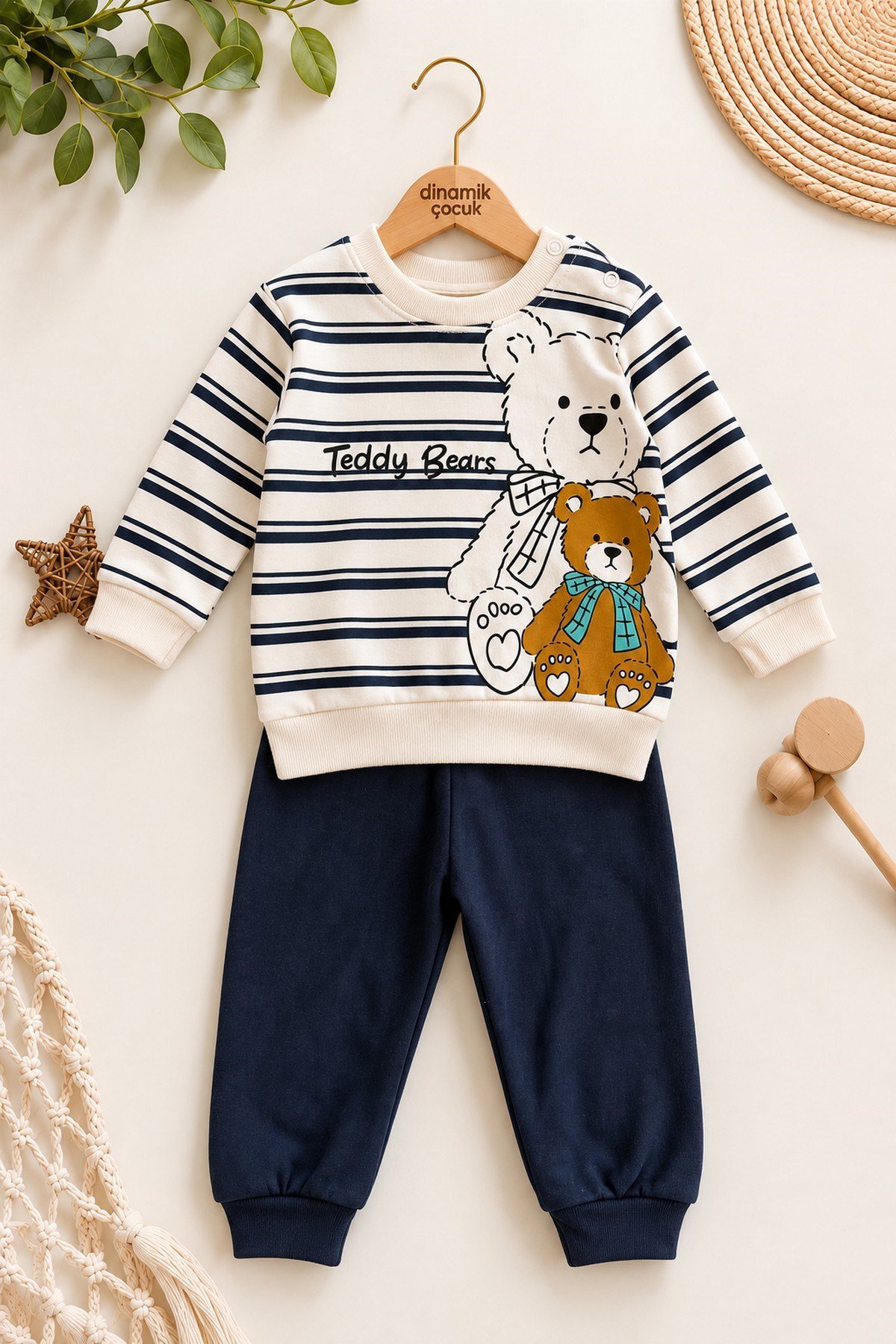 Erkek Bebek Teddy Bears Ayıcık Baskılı Çizgili Sweatshirt ve Alt 2'li Eşofman Takımı 3-6-9-12ay