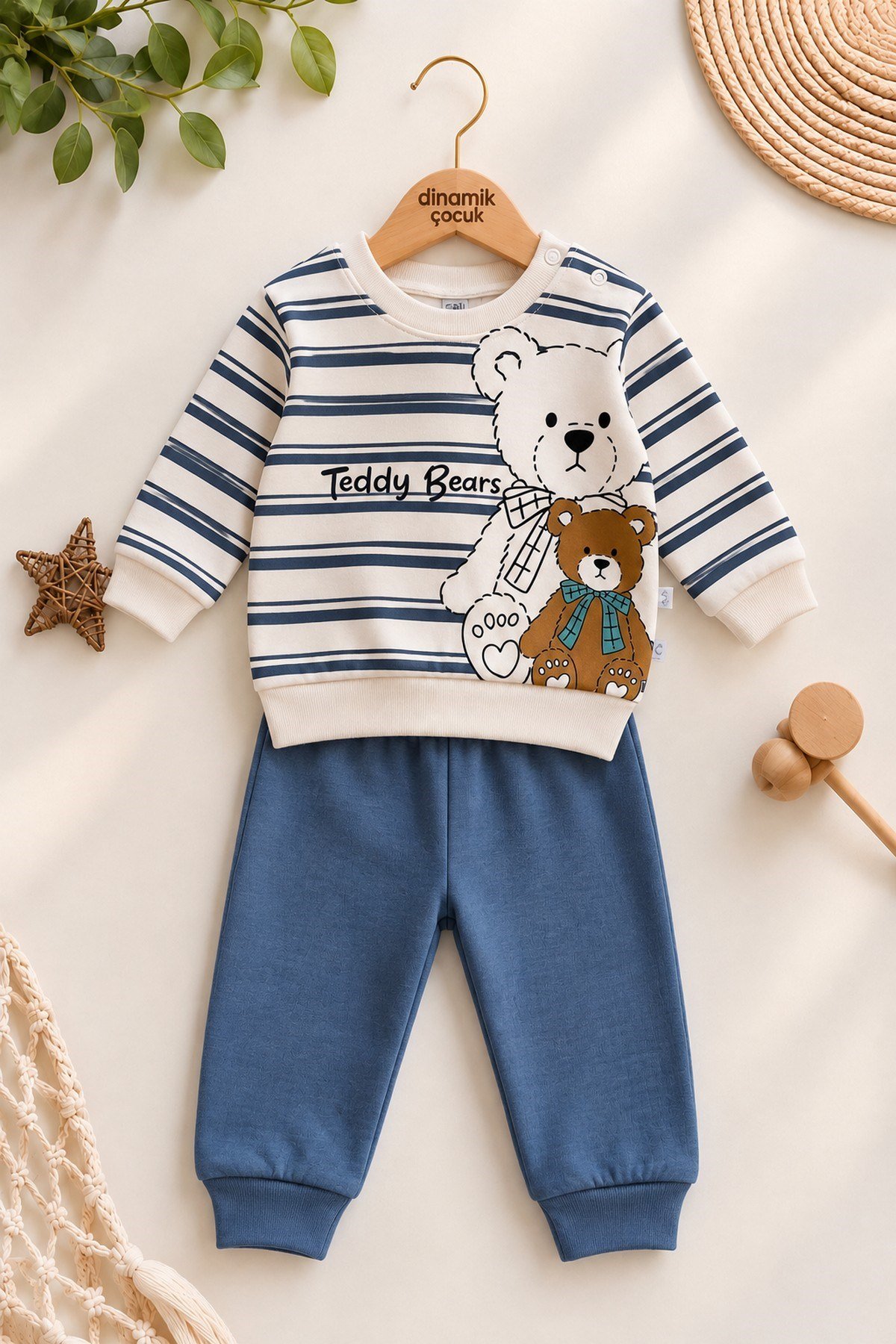 Erkek Bebek Teddy Bears Ayıcık Baskılı Çizgili Sweatshirt ve Alt 2'li Eşofman Takımı 3-6-9-12ay