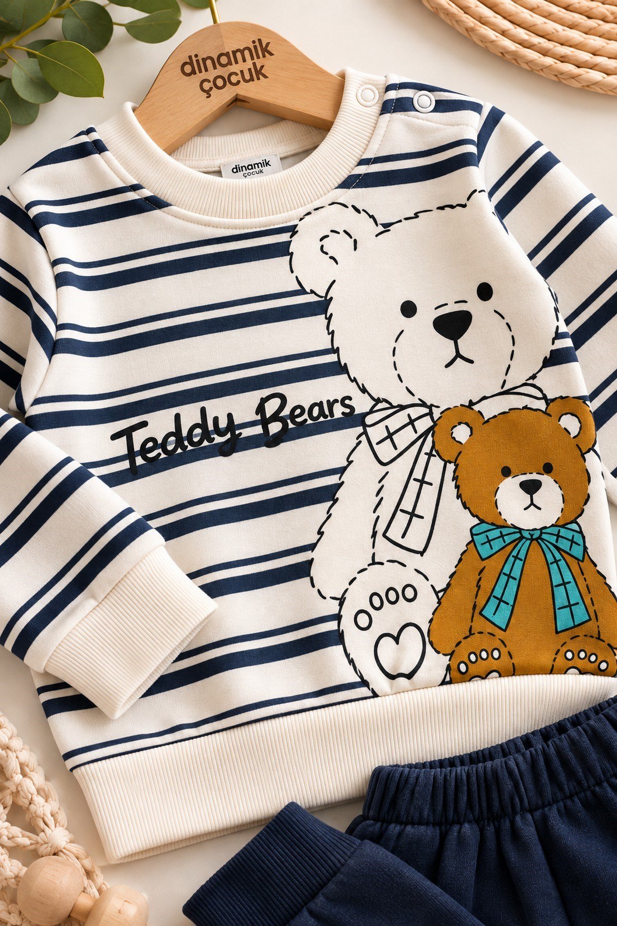 Erkek Bebek Teddy Bears Ayıcık Baskılı Çizgili Sweatshirt ve Alt 2'li Eşofman Takımı 3-6-9-12ay