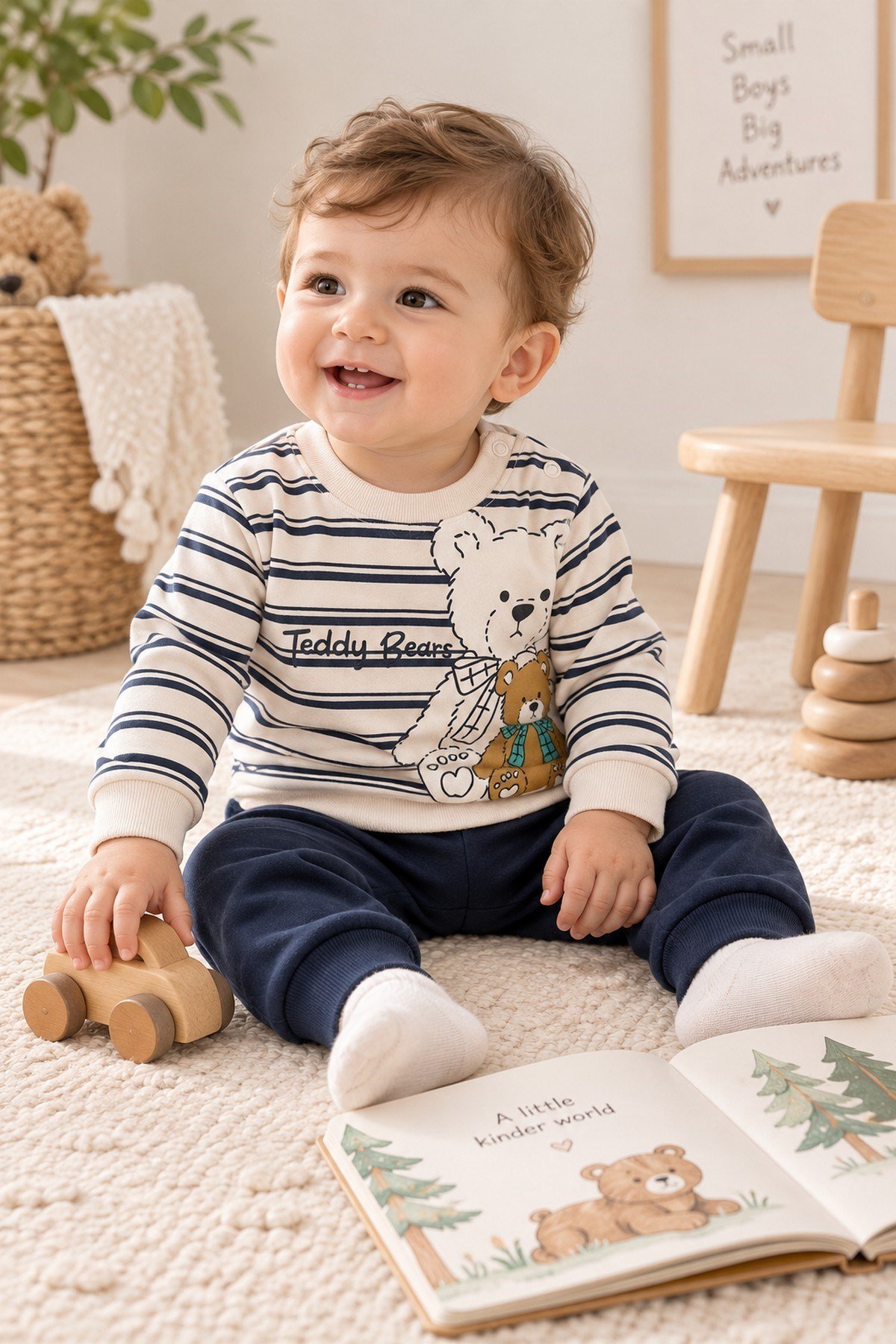 Erkek Bebek Teddy Bears Ayıcık Baskılı Çizgili Sweatshirt ve Alt 2'li Eşofman Takımı 3-6-9-12ay