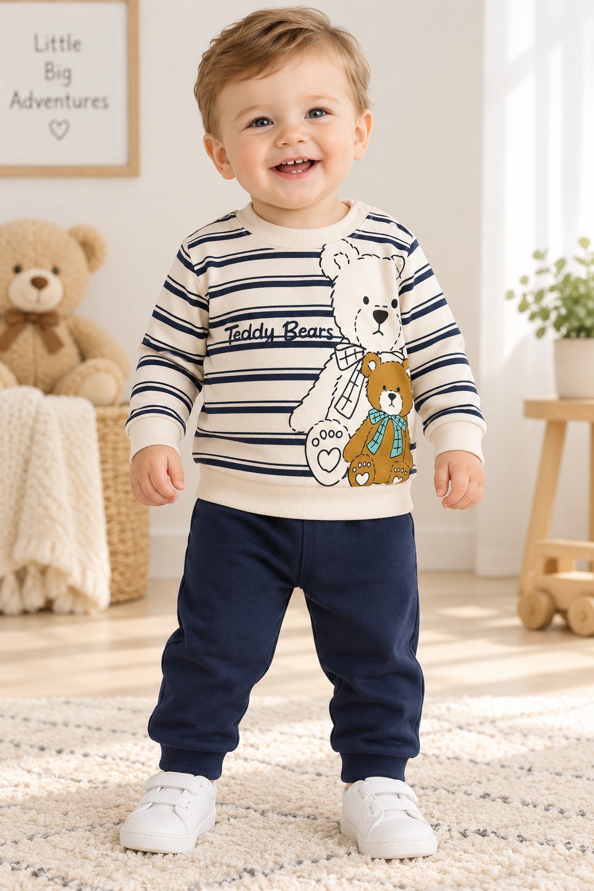 Erkek Bebek Teddy Bears Ayıcık Baskılı Çizgili Sweatshirt ve Alt 2'li Eşofman Takımı 3-6-9-12ay