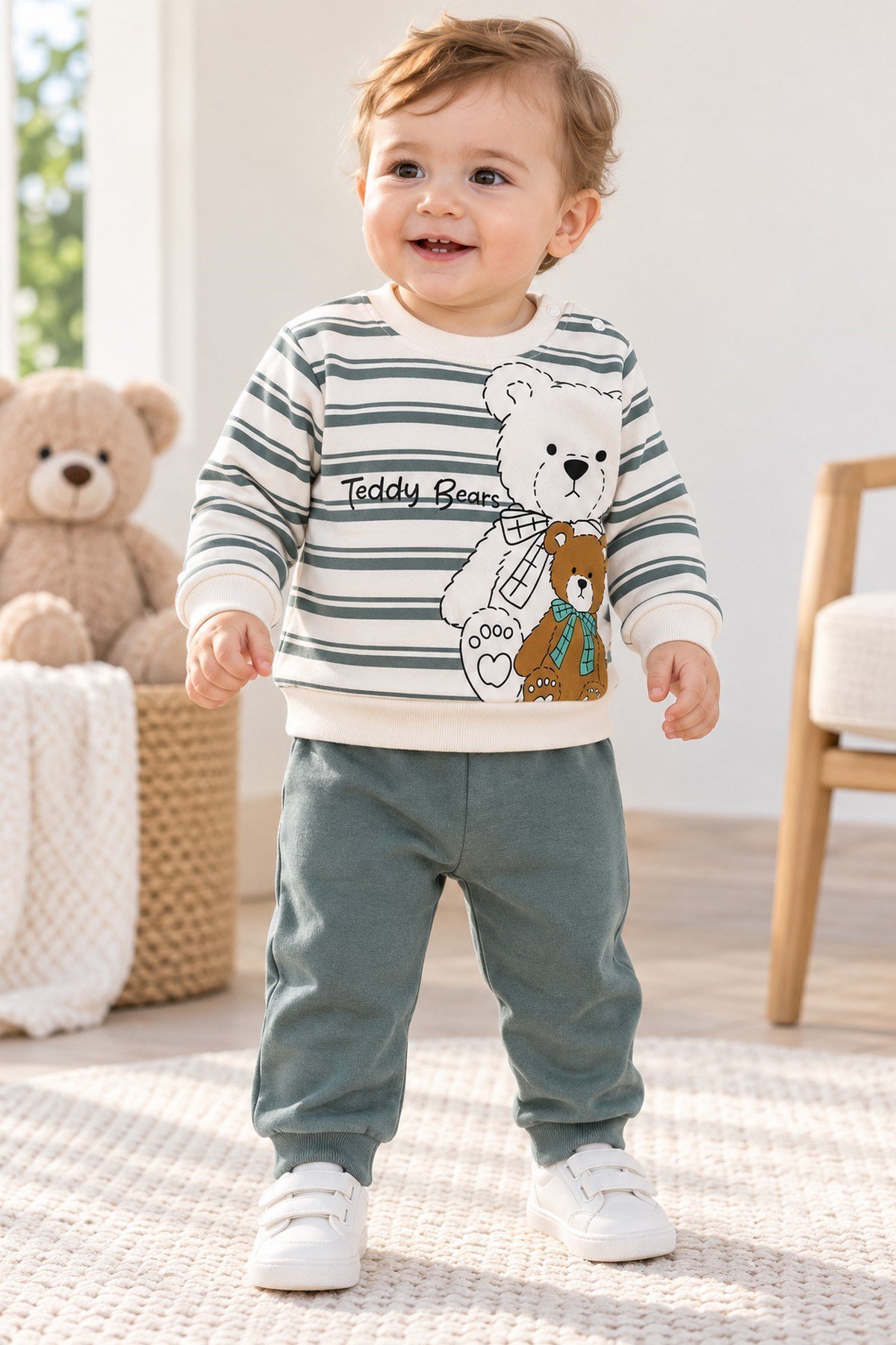 Erkek Bebek Teddy Bears Ayıcık Baskılı Çizgili Sweatshirt ve Alt 2'li Eşofman Takımı 3-6-9-12ay
