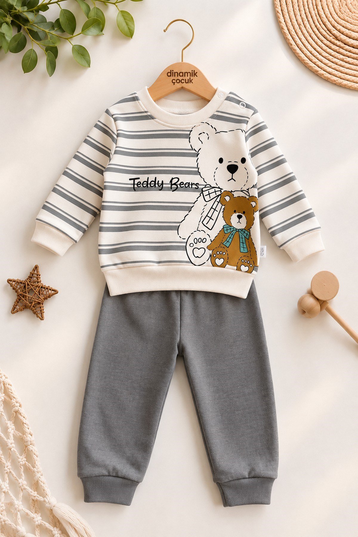 Erkek Bebek Teddy Bears Ayıcık Baskılı Çizgili Sweatshirt ve Alt 2'li Eşofman Takımı 3-6-9-12ay