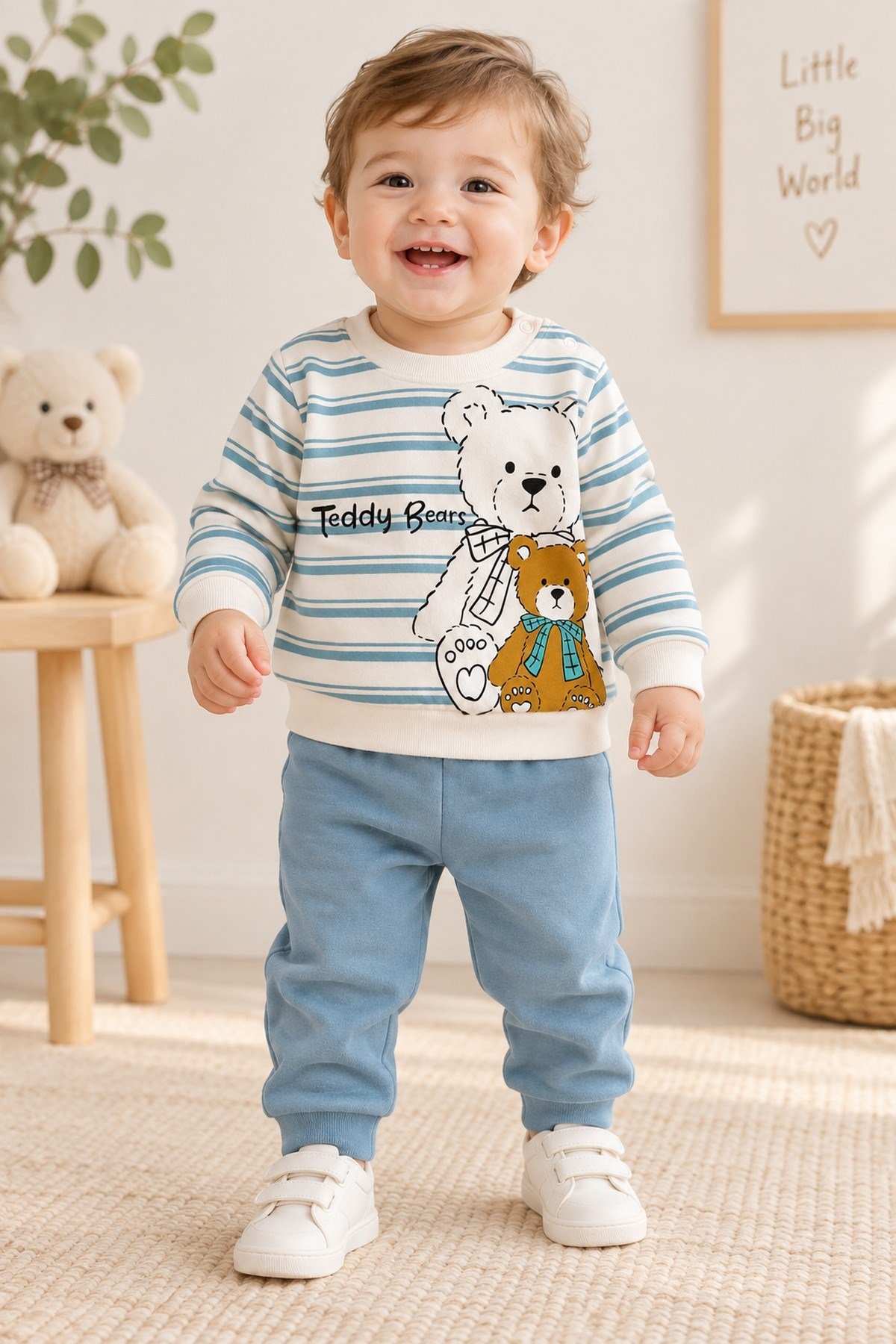 Erkek Bebek Teddy Bears Ayıcık Baskılı Çizgili Sweatshirt ve Alt 2'li Eşofman Takımı 3-6-9-12ay