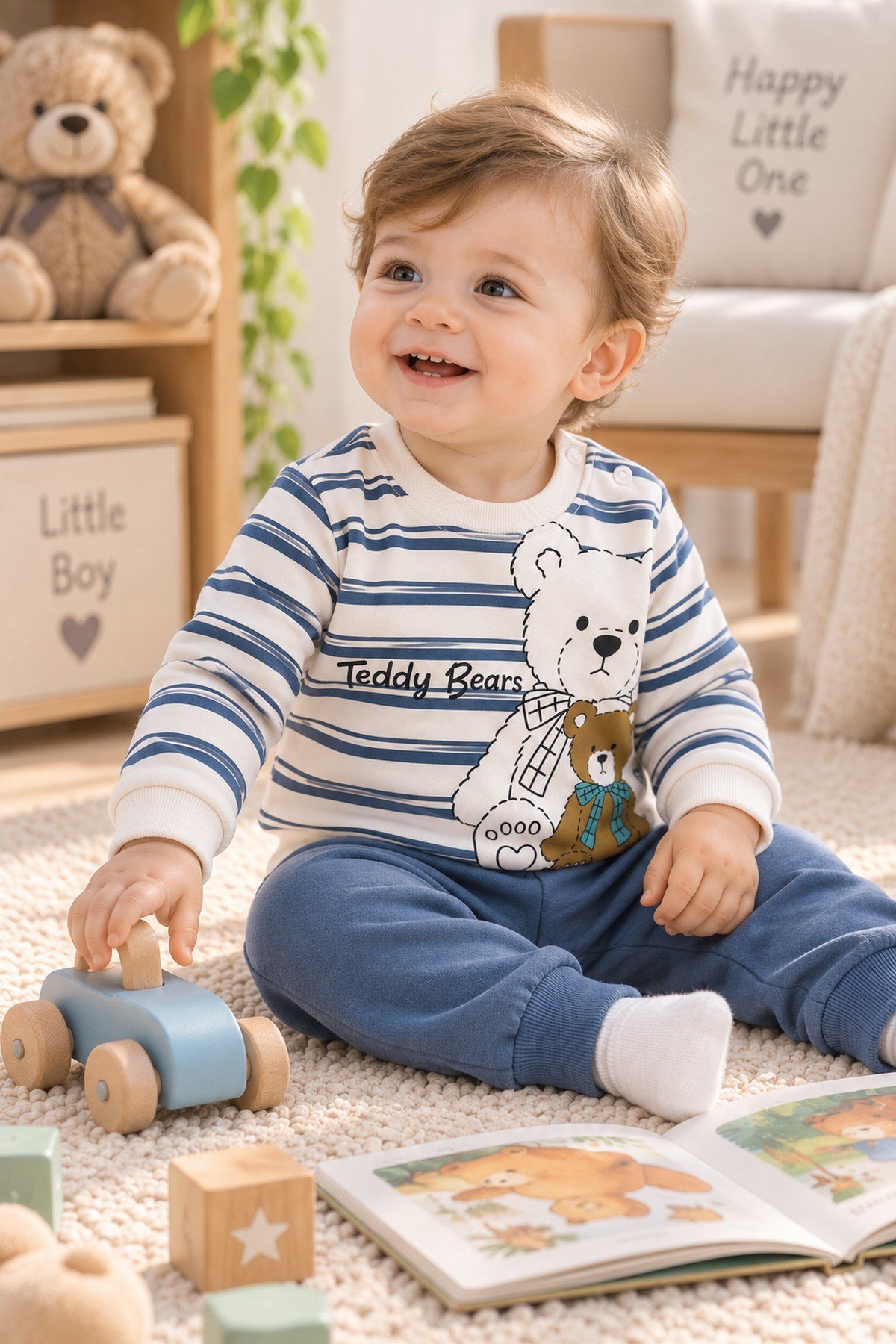 Erkek Bebek Teddy Bears Ayıcık Baskılı Çizgili Sweatshirt ve Alt 2'li Eşofman Takımı 3-6-9-12ay