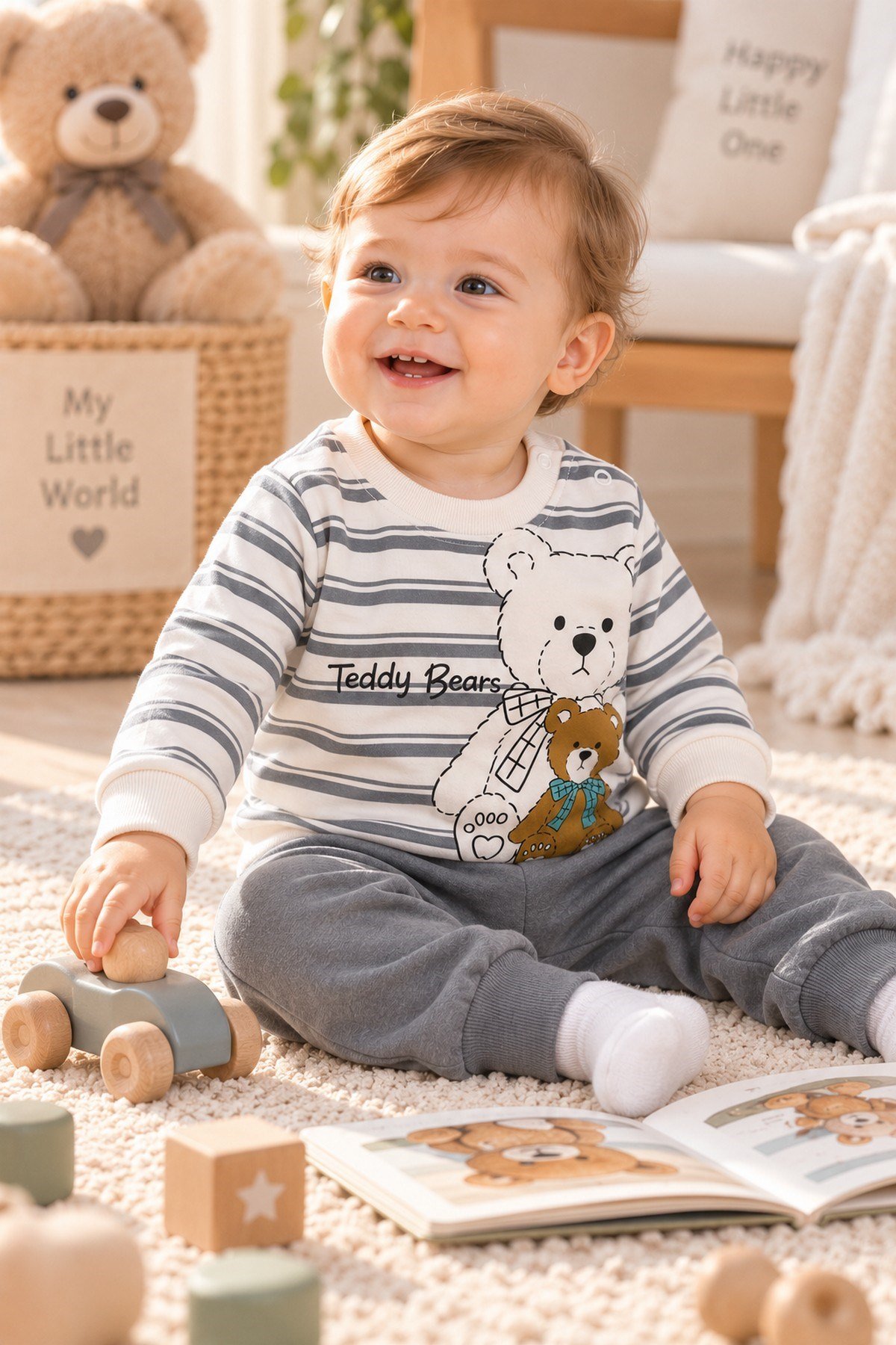 Erkek Bebek Teddy Bears Ayıcık Baskılı Çizgili Sweatshirt ve Alt 2'li Eşofman Takımı 3-6-9-12ay