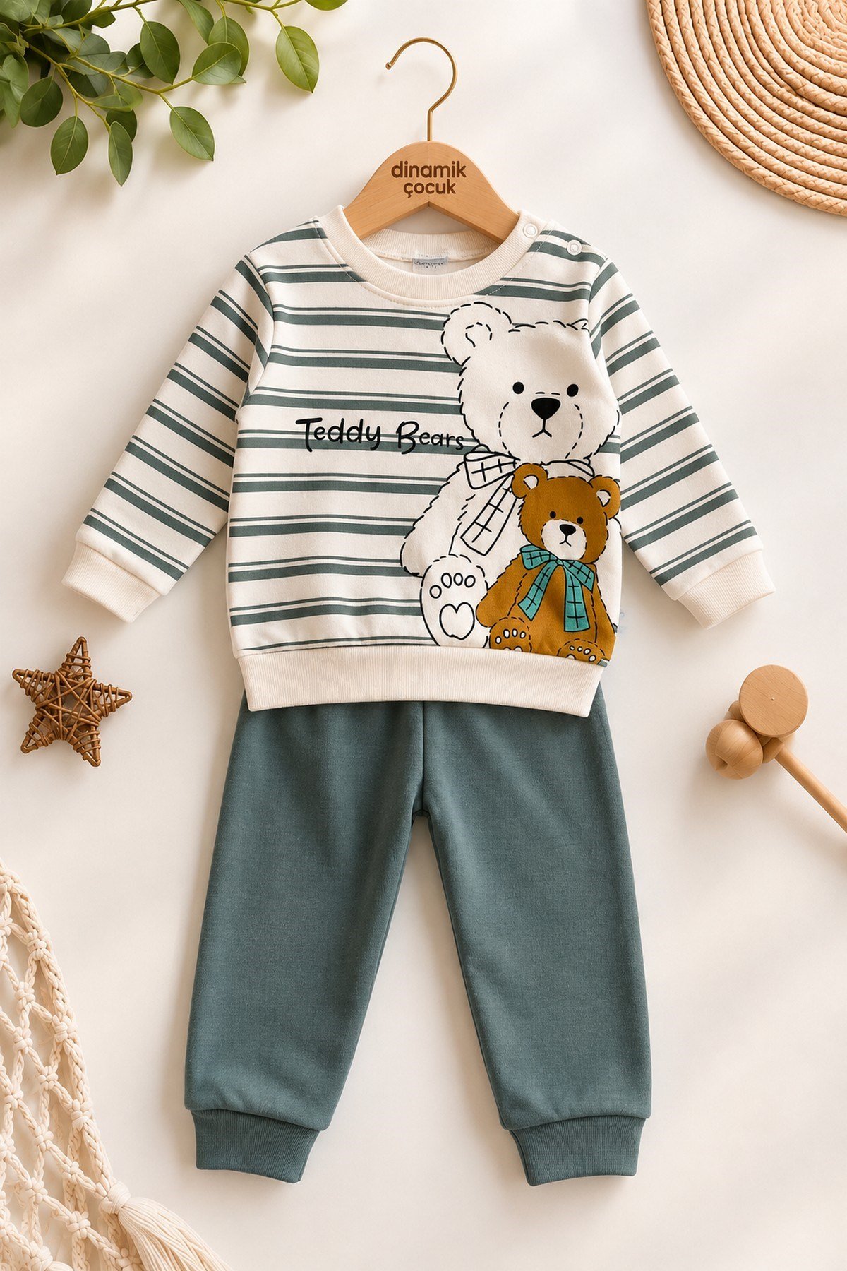 Erkek Bebek Teddy Bears Ayıcık Baskılı Çizgili Sweatshirt ve Alt 2'li Eşofman Takımı 3-6-9-12ay