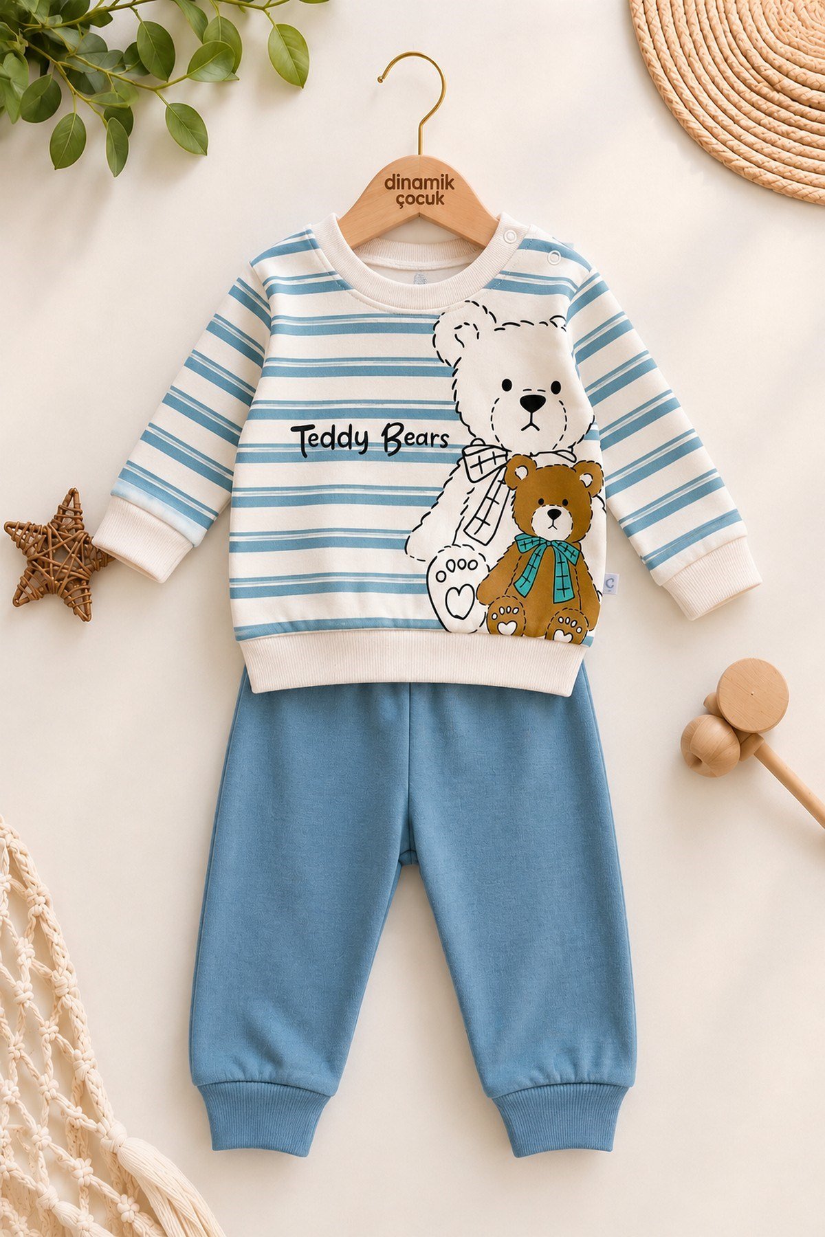 Erkek Bebek Teddy Bears Ayıcık Baskılı Çizgili Sweatshirt ve Alt 2'li Eşofman Takımı 3-6-9-12ay