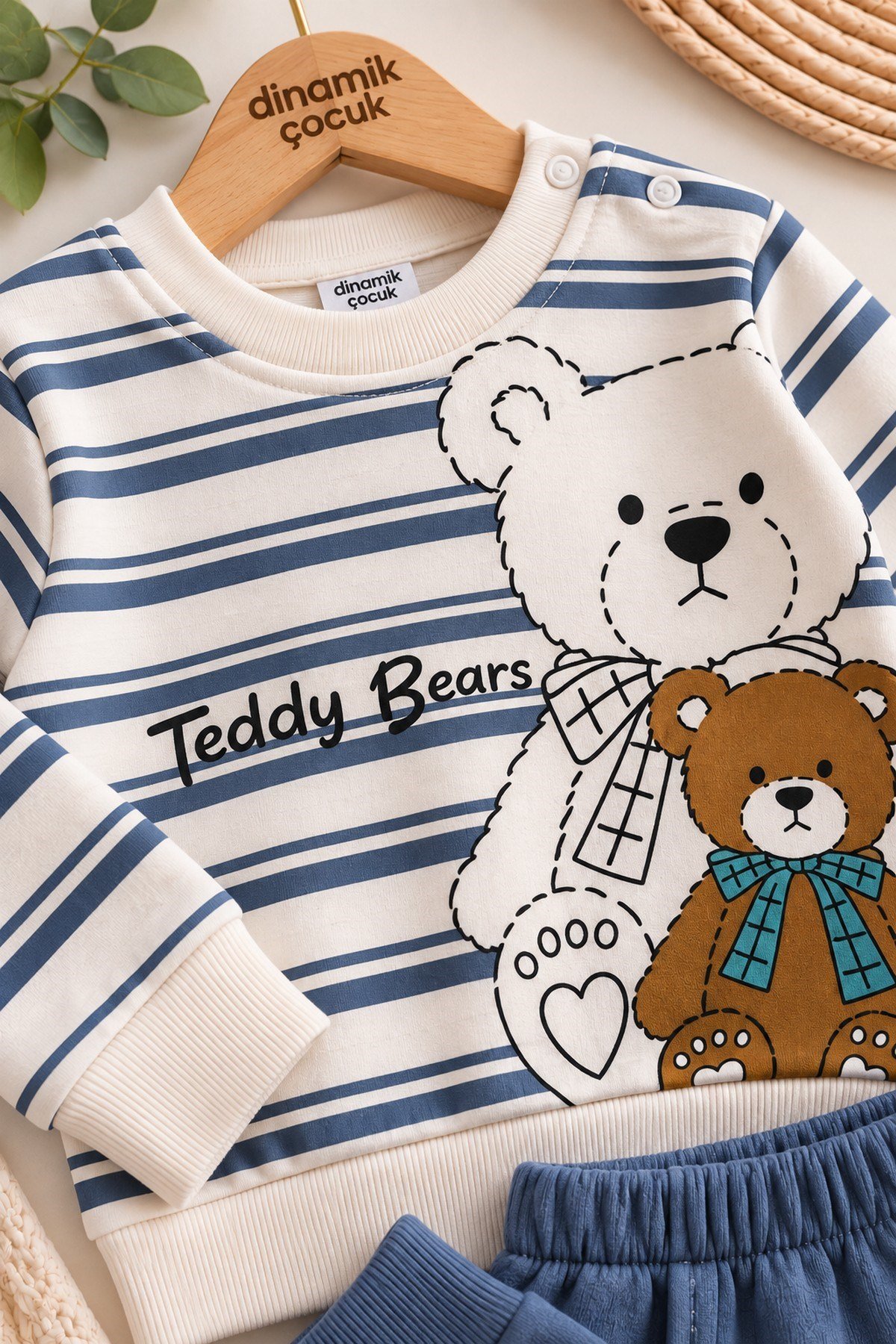 Erkek Bebek Teddy Bears Ayıcık Baskılı Çizgili Sweatshirt ve Alt 2'li Eşofman Takımı 3-6-9-12ay