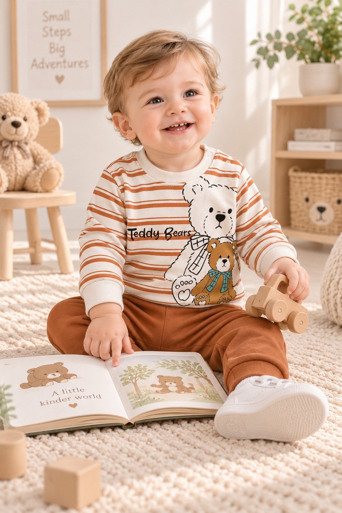 Erkek Bebek Teddy Bears Ayıcık Baskılı Çizgili Sweatshirt ve Alt 2'li Eşofman Takımı 3-6-9-12ay