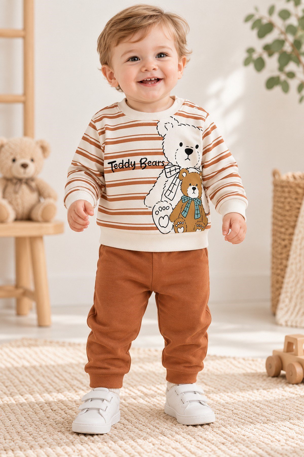 Erkek Bebek Teddy Bears Ayıcık Baskılı Çizgili Sweatshirt ve Alt 2'li Eşofman Takımı 3-6-9-12ay