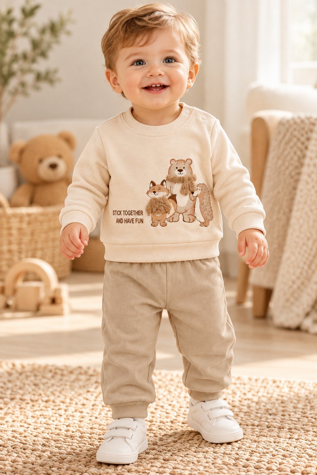 Erkek Bebek Tilki Ayı Kirpi Baskılı Peluş Detaylı Sweatshirt Eşofman 2'li Takım 3-6-9-12ay