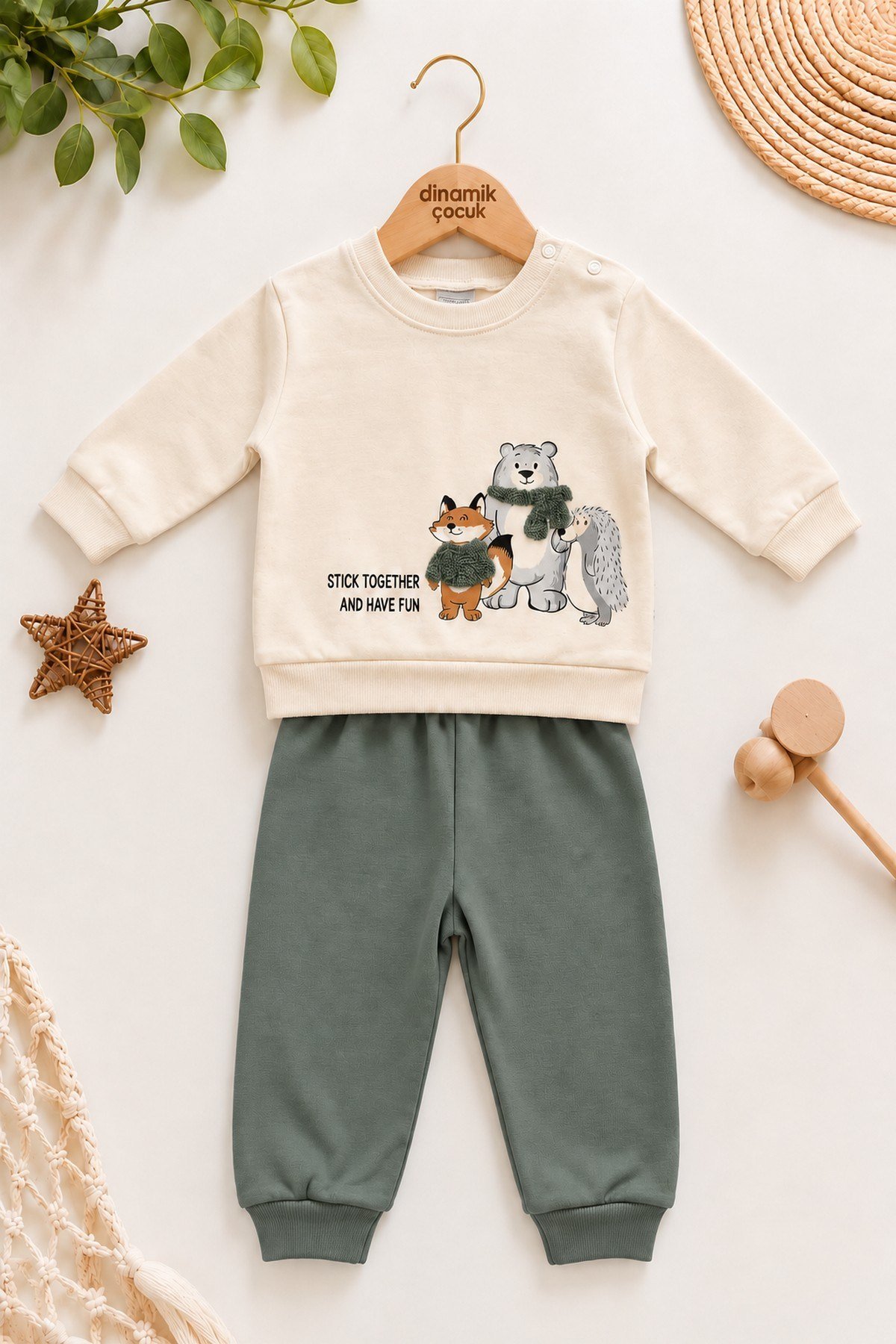 Erkek Bebek Tilki Ayı Kirpi Baskılı Peluş Detaylı Sweatshirt Eşofman 2'li Takım 3-6-9-12ay