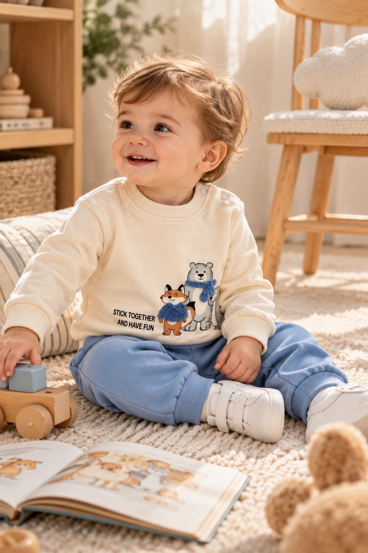 Erkek Bebek Tilki Ayı Kirpi Baskılı Peluş Detaylı Sweatshirt Eşofman 2'li Takım 3-6-9-12ay