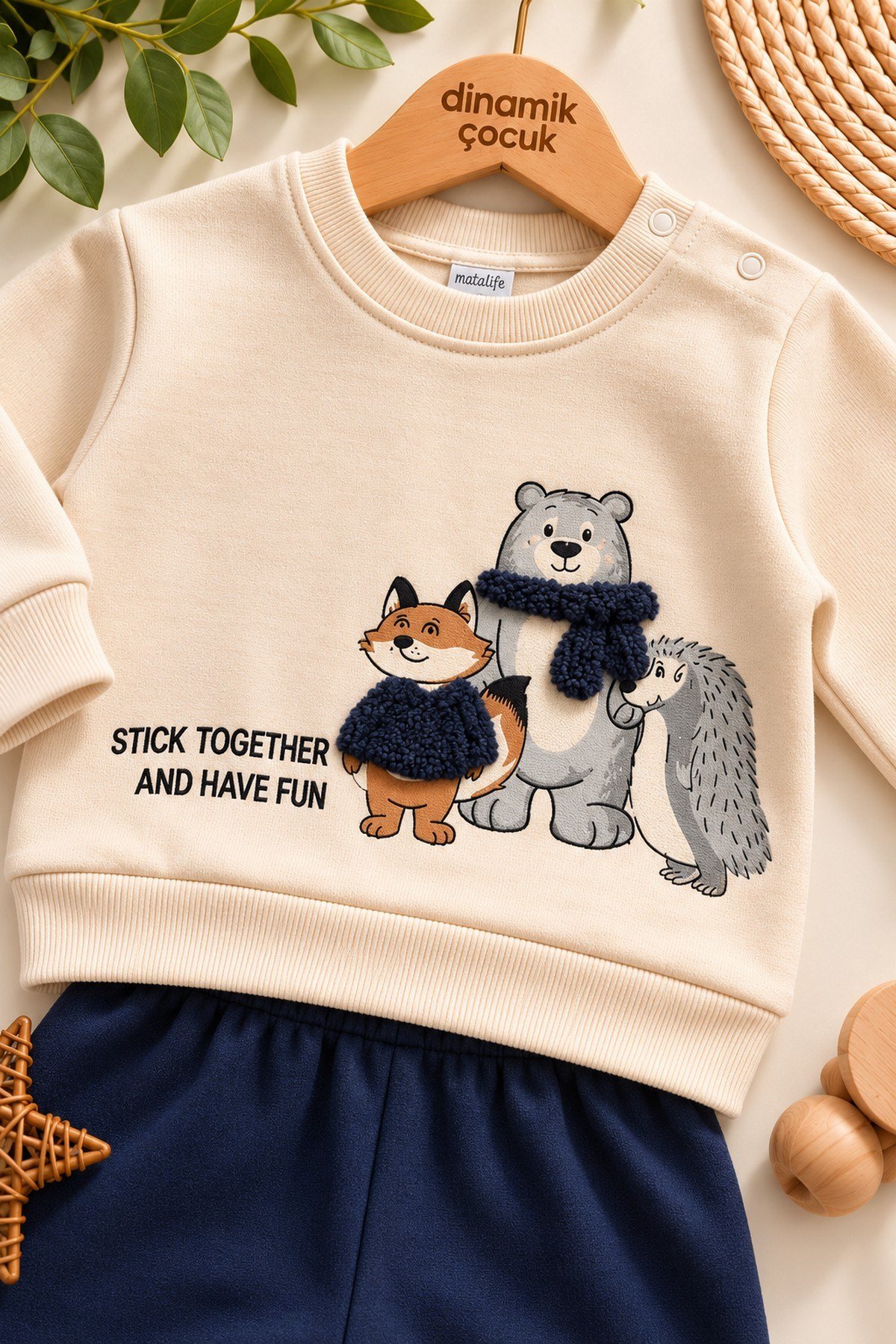Erkek Bebek Tilki Ayı Kirpi Baskılı Peluş Detaylı Sweatshirt Eşofman 2'li Takım 3-6-9-12ay