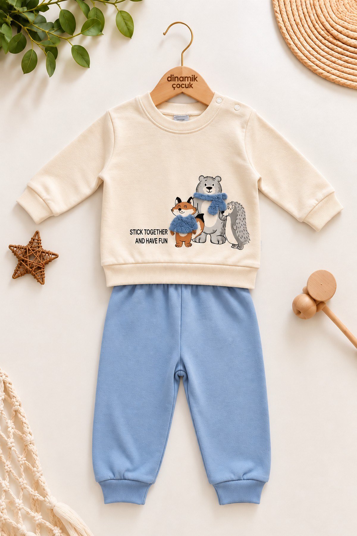 Erkek Bebek Tilki Ayı Kirpi Baskılı Peluş Detaylı Sweatshirt Eşofman 2'li Takım 3-6-9-12ay