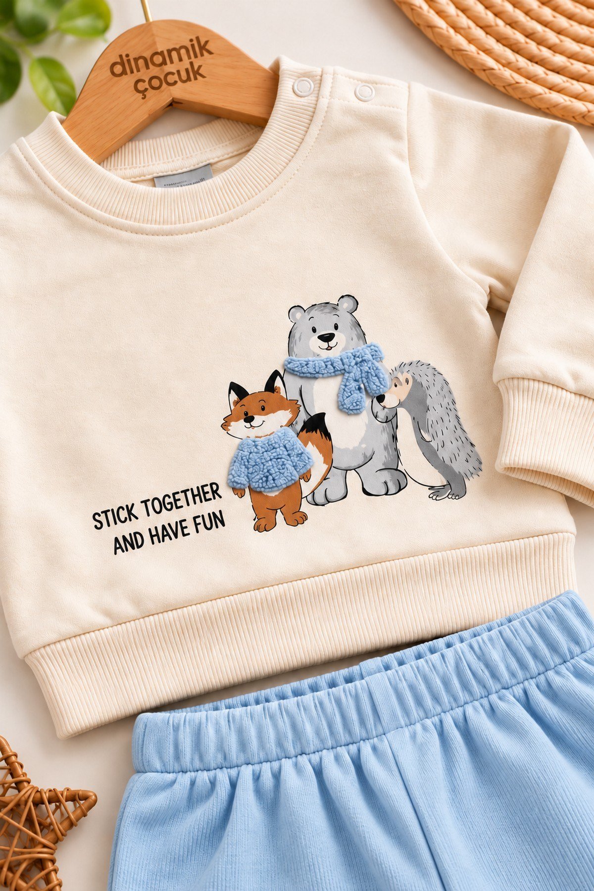 Erkek Bebek Tilki Ayı Kirpi Baskılı Peluş Detaylı Sweatshirt Eşofman 2'li Takım 3-6-9-12ay