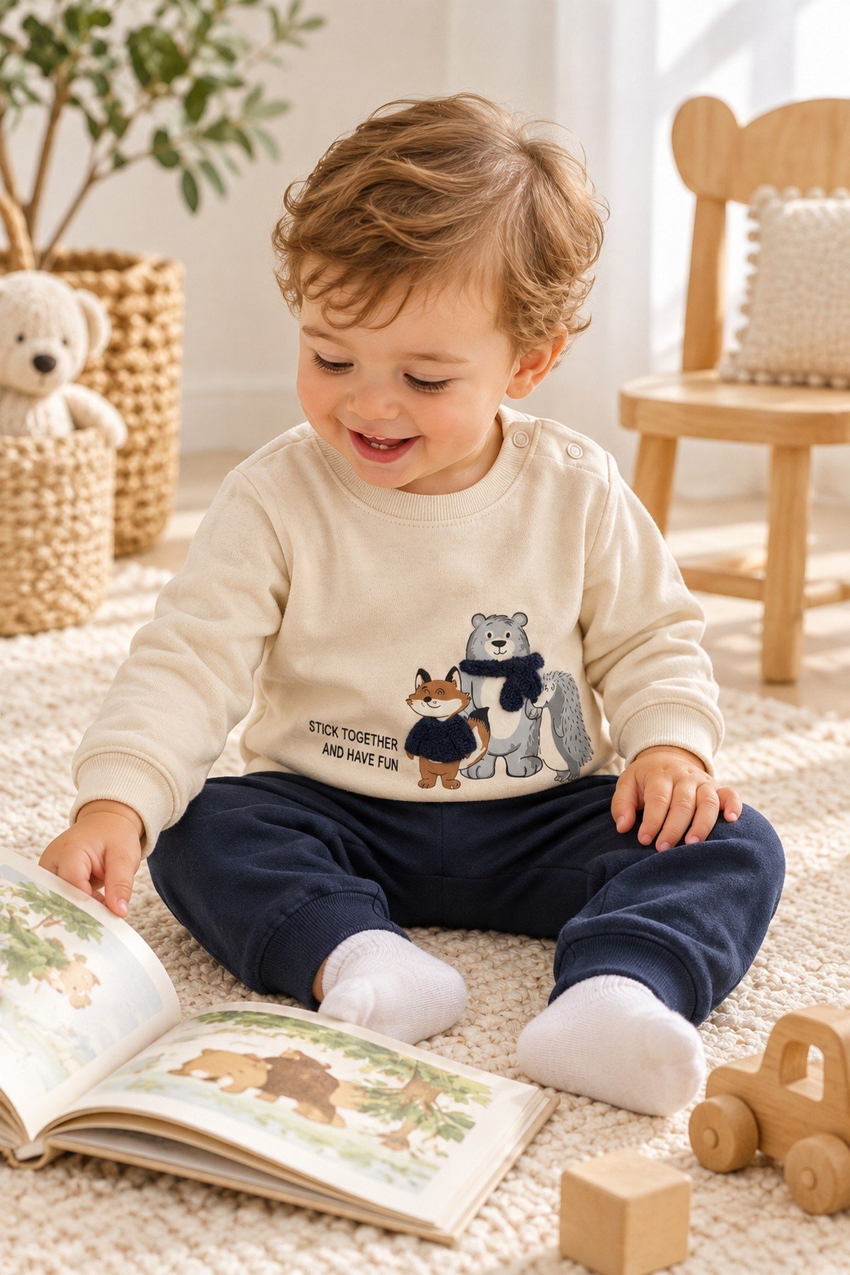Erkek Bebek Tilki Ayı Kirpi Baskılı Peluş Detaylı Sweatshirt Eşofman 2'li Takım 3-6-9-12ay