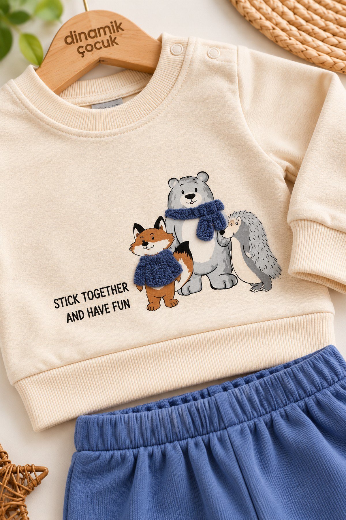 Erkek Bebek Tilki Ayı Kirpi Baskılı Peluş Detaylı Sweatshirt Eşofman 2'li Takım 3-6-9-12ay