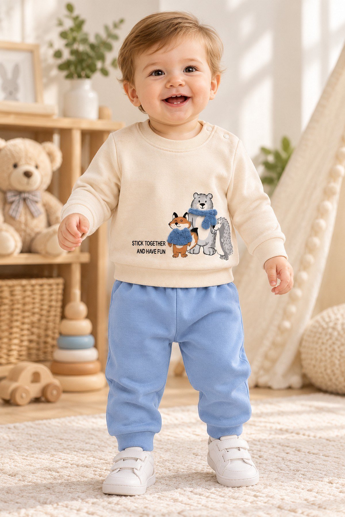 Erkek Bebek Tilki Ayı Kirpi Baskılı Peluş Detaylı Sweatshirt Eşofman 2'li Takım 3-6-9-12ay