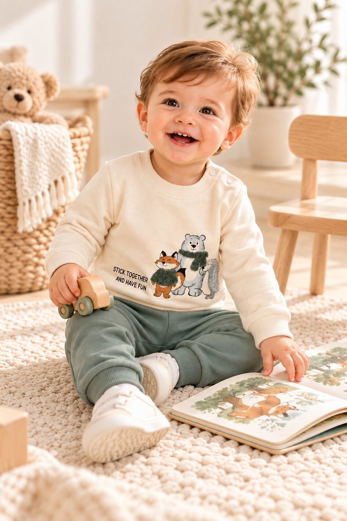 Erkek Bebek Tilki Ayı Kirpi Baskılı Peluş Detaylı Sweatshirt Eşofman 2'li Takım 3-6-9-12ay
