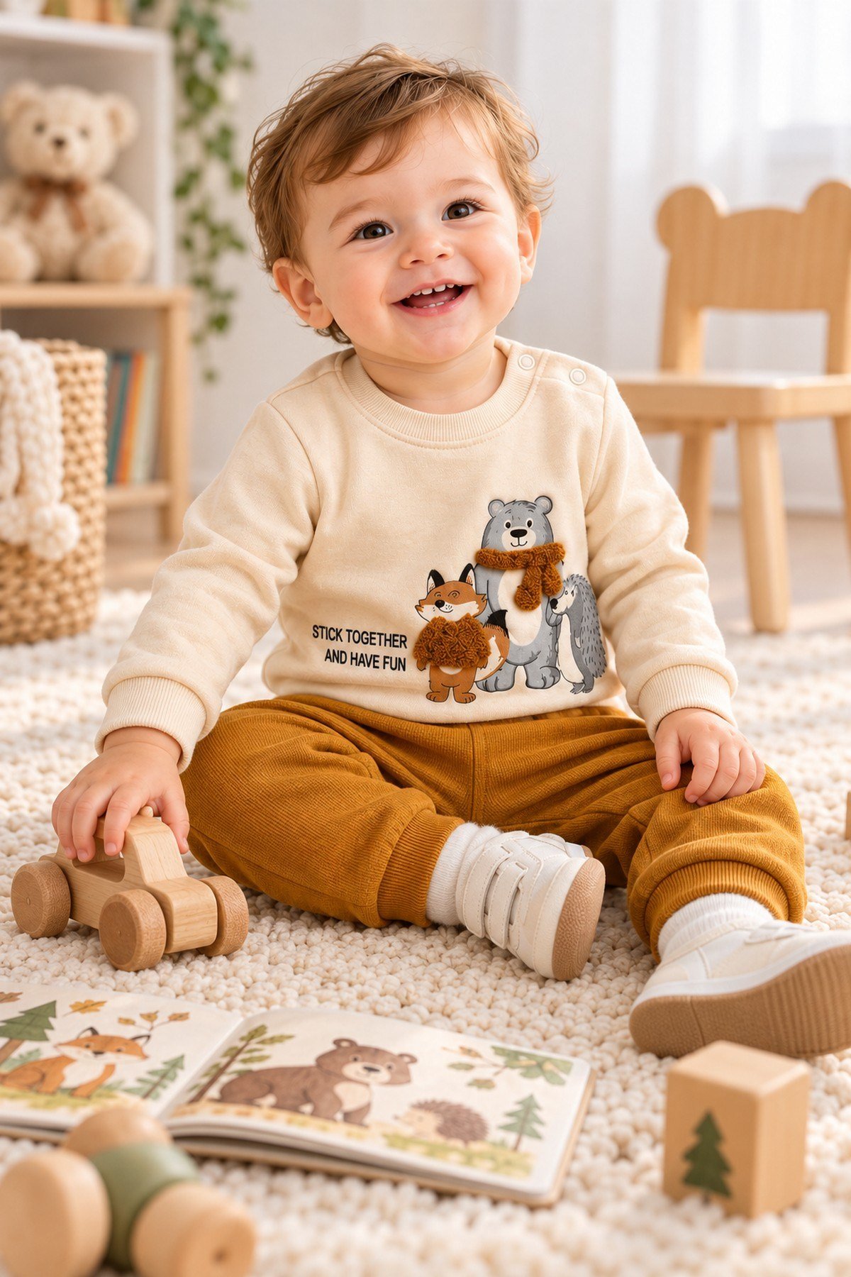 Erkek Bebek Tilki Ayı Kirpi Baskılı Peluş Detaylı Sweatshirt Eşofman 2'li Takım 3-6-9-12ay