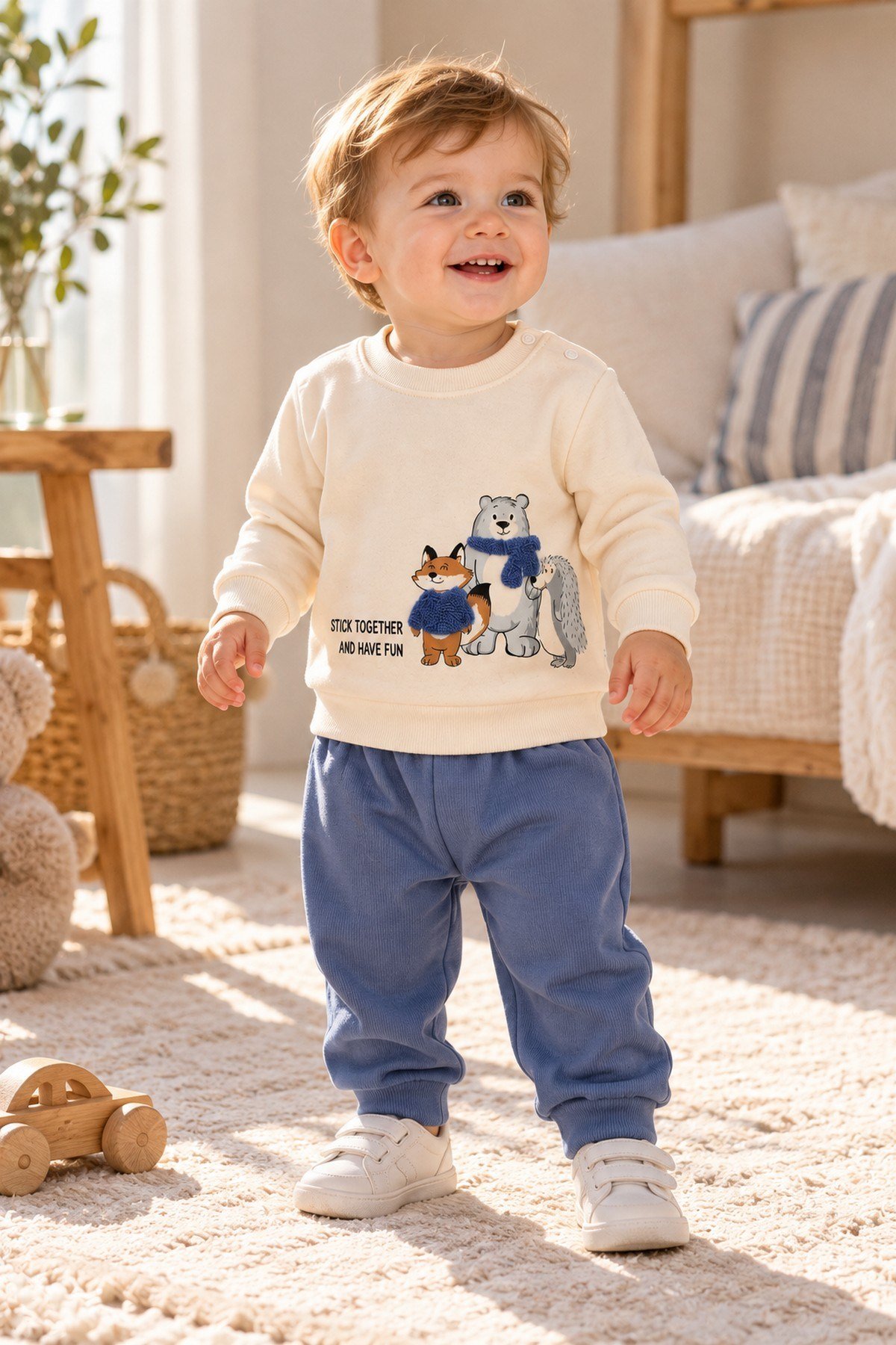 Erkek Bebek Tilki Ayı Kirpi Baskılı Peluş Detaylı Sweatshirt Eşofman 2'li Takım 3-6-9-12ay