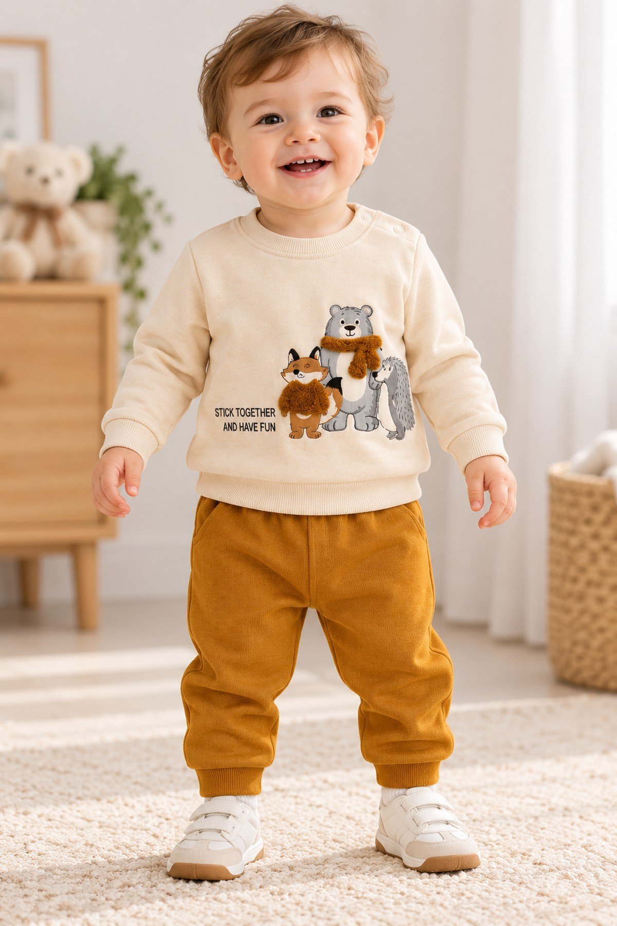 Erkek Bebek Tilki Ayı Kirpi Baskılı Peluş Detaylı Sweatshirt Eşofman 2'li Takım 3-6-9-12ay