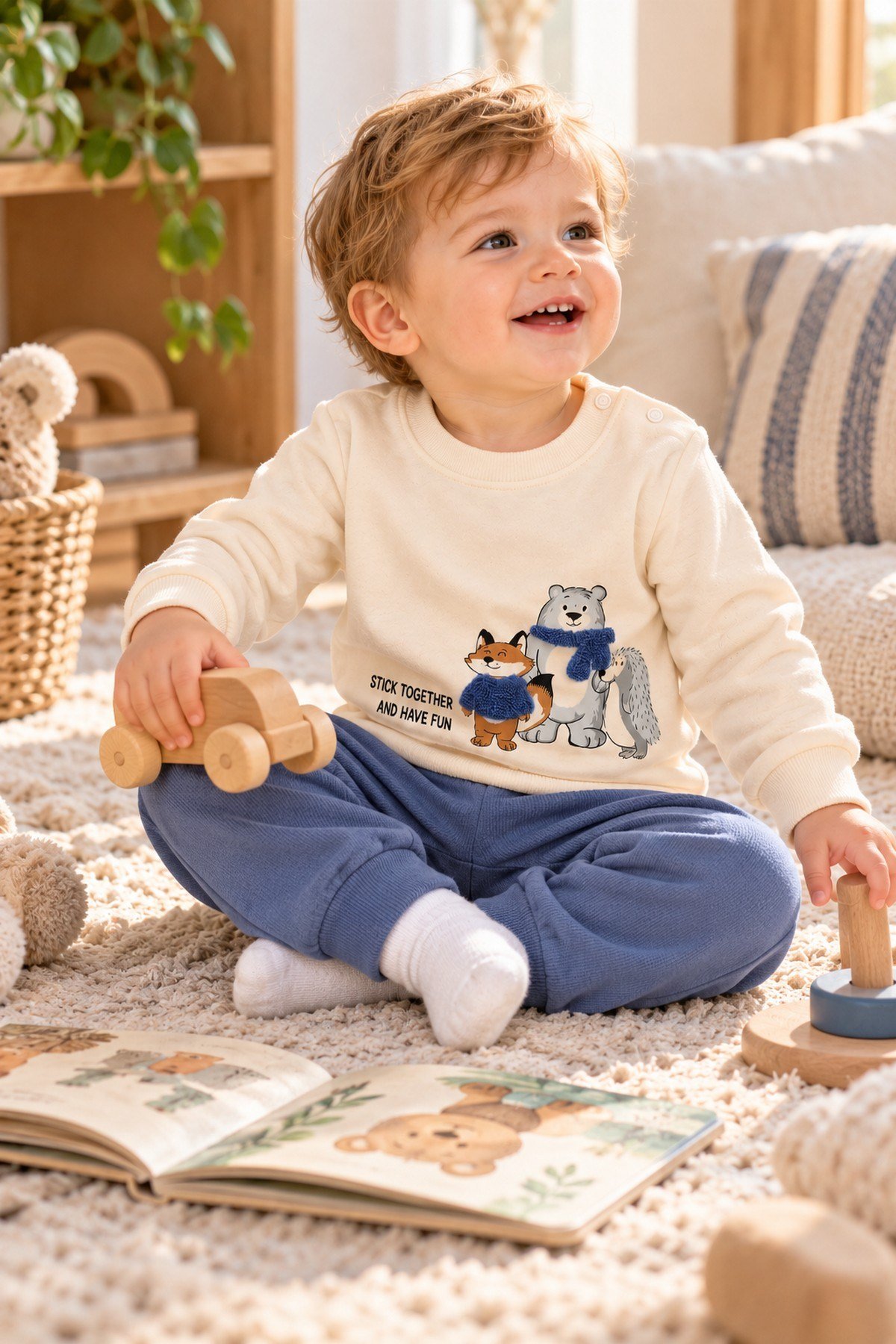 Erkek Bebek Tilki Ayı Kirpi Baskılı Peluş Detaylı Sweatshirt Eşofman 2'li Takım 3-6-9-12ay