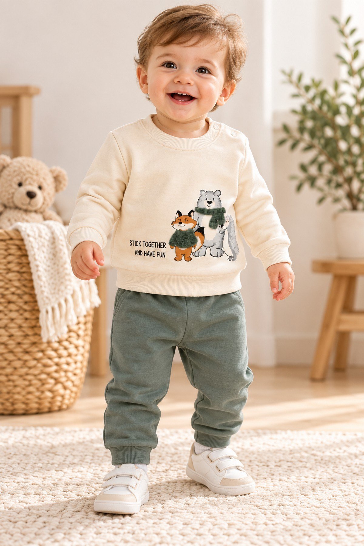 Erkek Bebek Tilki Ayı Kirpi Baskılı Peluş Detaylı Sweatshirt Eşofman 2'li Takım 3-6-9-12ay