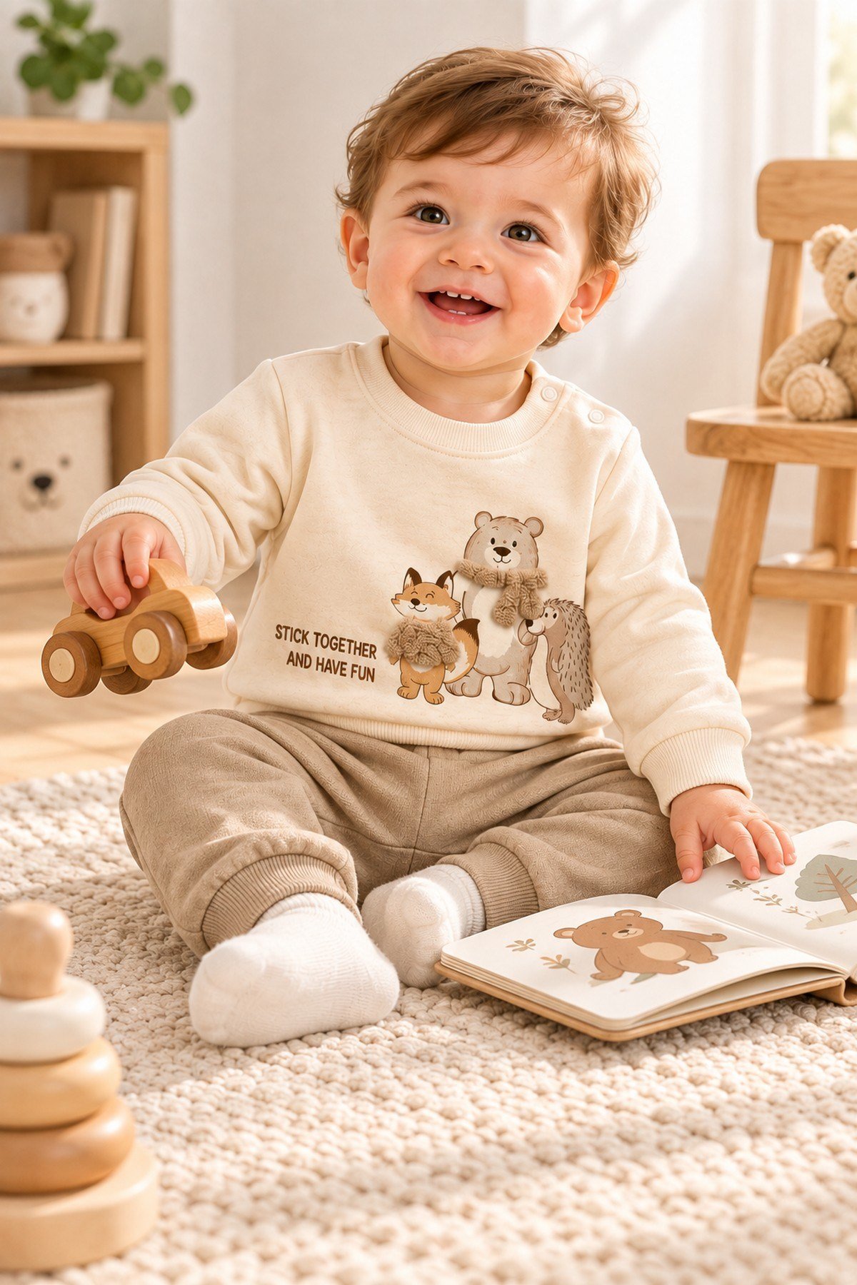 Erkek Bebek Tilki Ayı Kirpi Baskılı Peluş Detaylı Sweatshirt Eşofman 2'li Takım 3-6-9-12ay